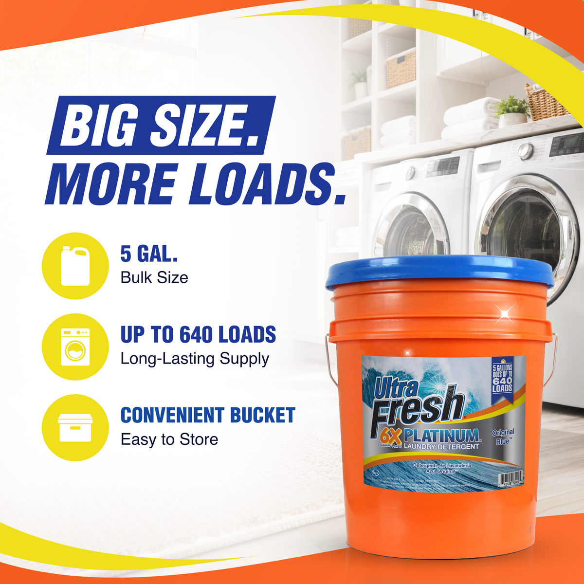 Ultra Fresh 6X Platinum 5 Gal Laundry Detergent, Up to 640 Loads, Original Blue
