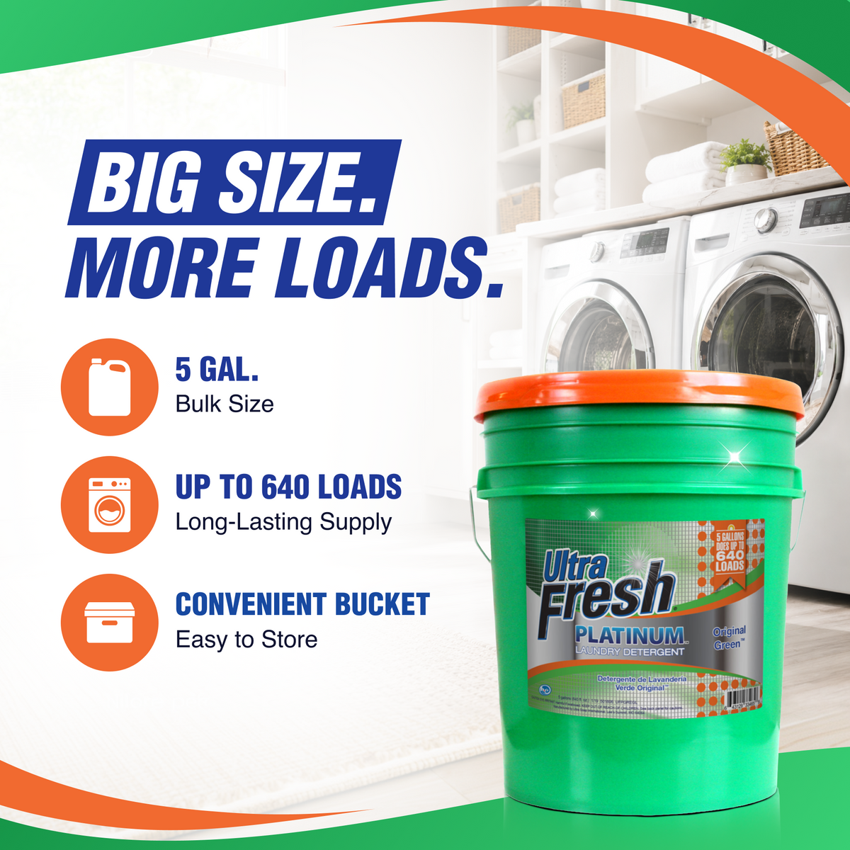 Ultra Fresh 3X Platinum 5 Gal Laundry Detergent, Up to 640 Loads, Original Green