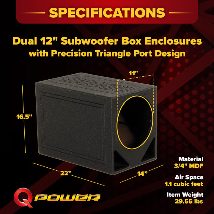 Q Power Single 12" Triangle Ported Car Audio Subwoofer Box Enclosure (2 Pack)