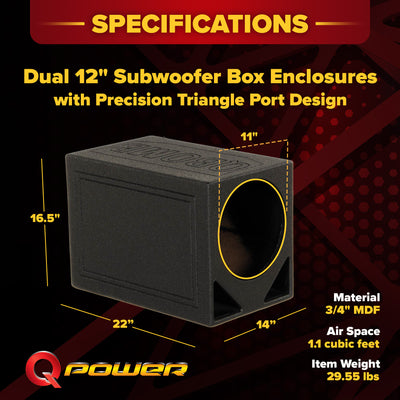 Q Power Single 12" Triangle Ported Car Audio Subwoofer Box Enclosure (2 Pack)
