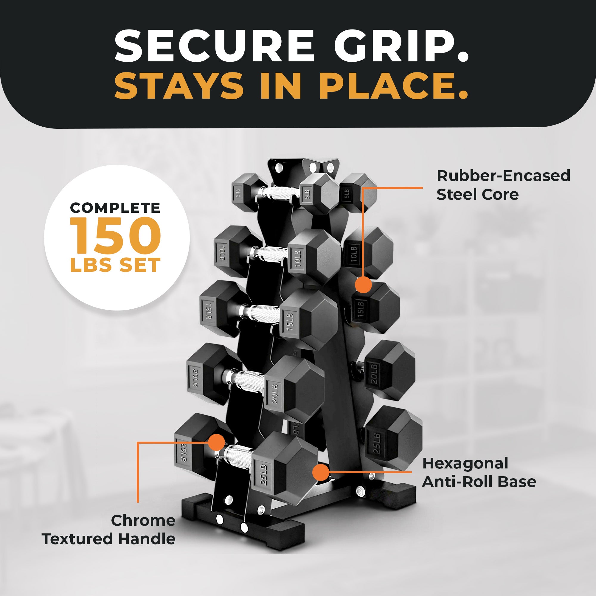 BalanceFrom Dumbbell Set with Stand, Rubber Encased Home Gym Hand Weights, 150lb