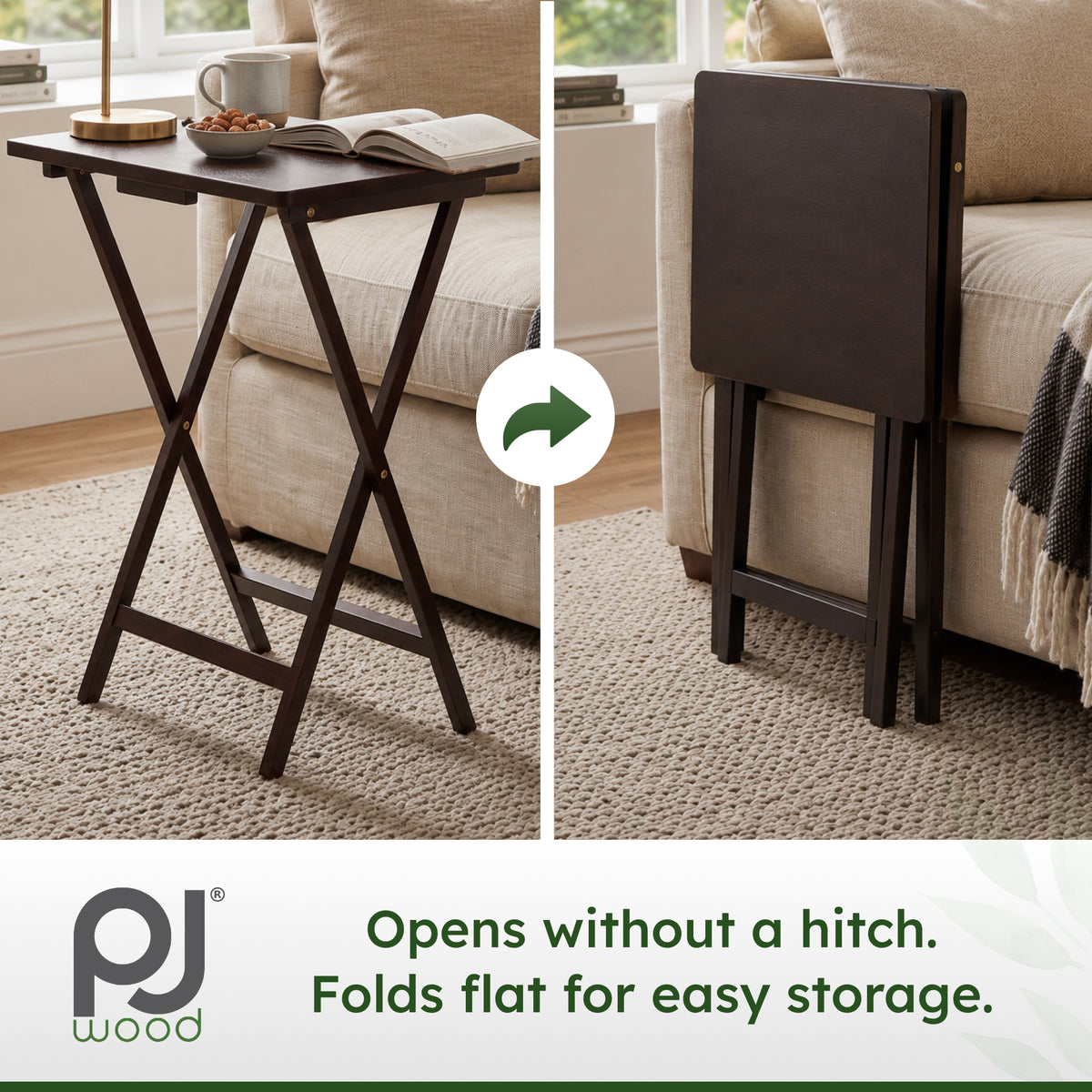 PJ Wood Folding TV Tray Tables with Compact Storage Rack, Espresso (Open Box) - VMInnovations