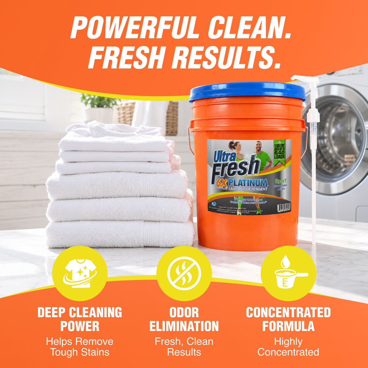 Ultra Fresh 6X Platinum 5 Gallon Sport Laundry Detergent, Up to 640 Loads w/Pump