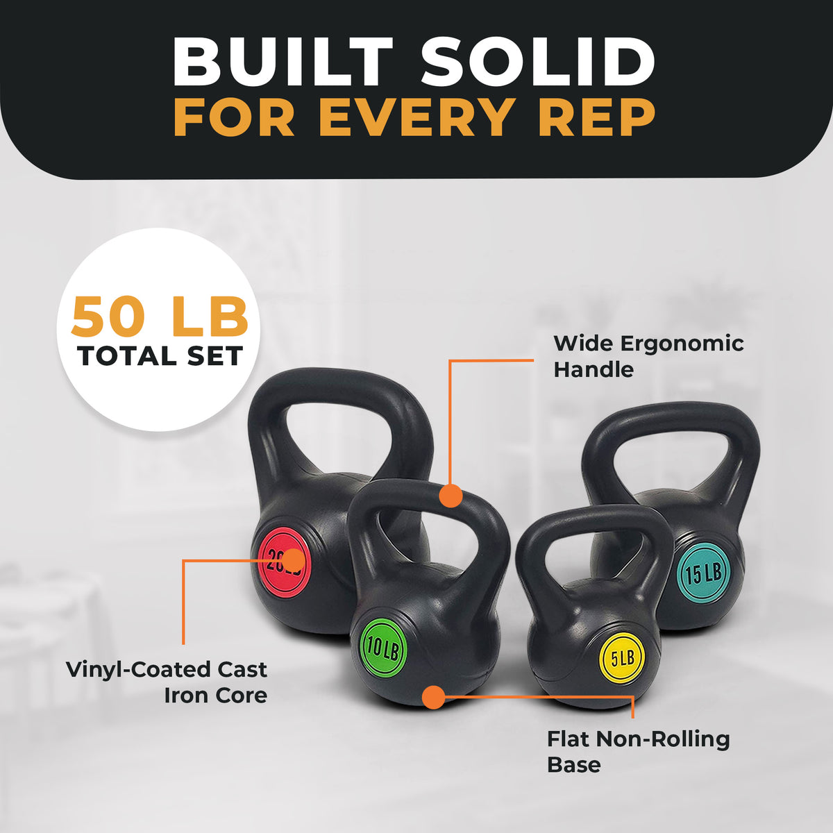 BalanceFrom Fitness Home Gym Vinyl Coated Solid Cast Iron Kettlebell Weight Set