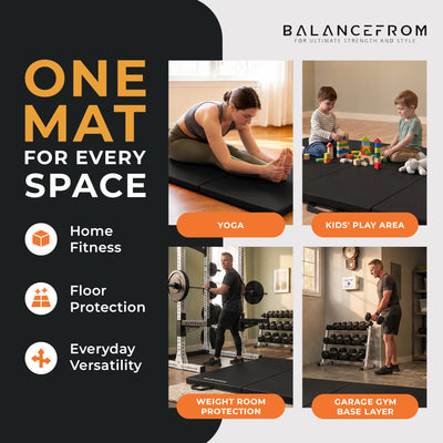BalanceFrom Fitness GoGym 6'x2'x1.5" Folding 3 Panel Exercise Gym Mat, Black