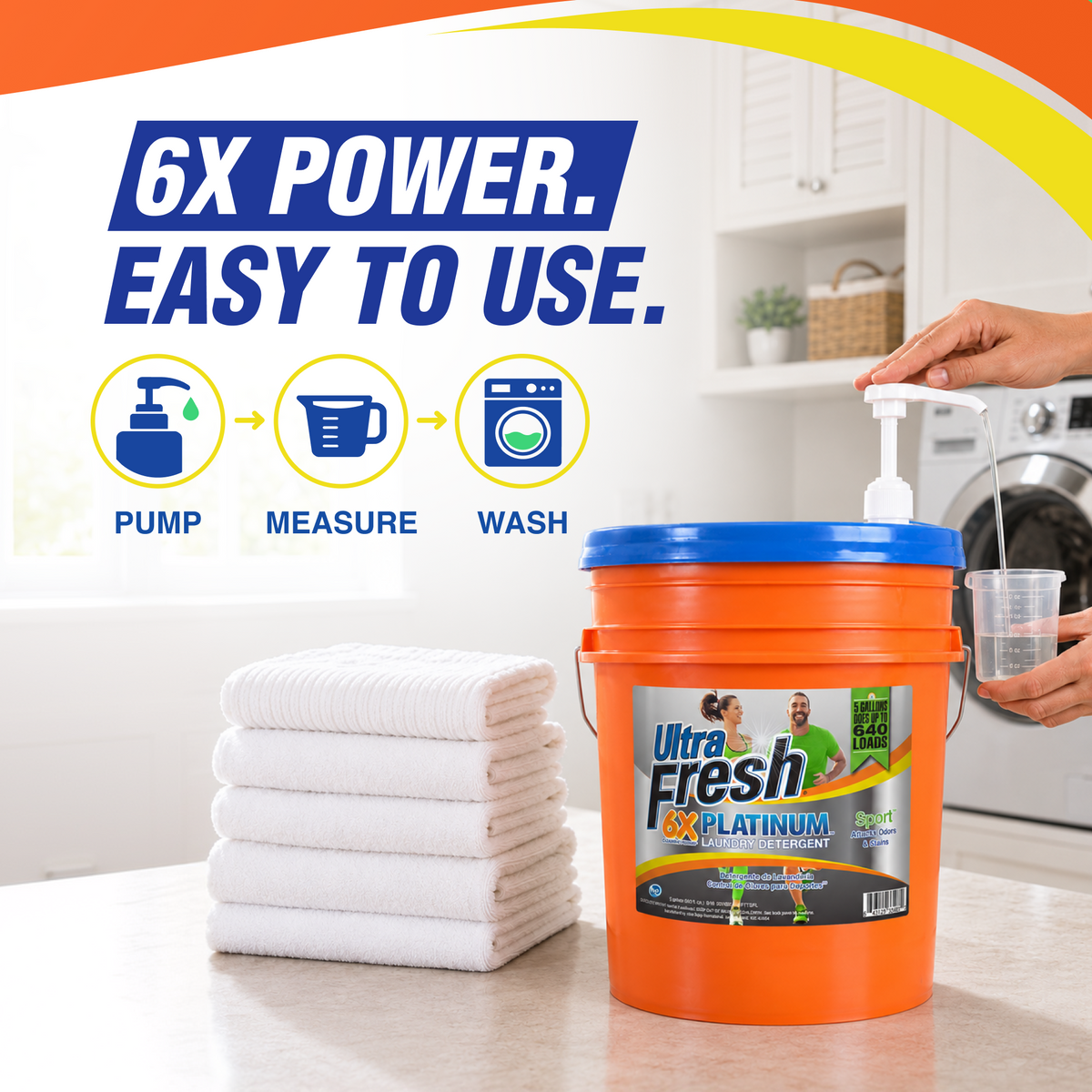 Ultra Fresh 6X Platinum 5 Gallon Sport Laundry Detergent, Up to 640 Loads w/Pump