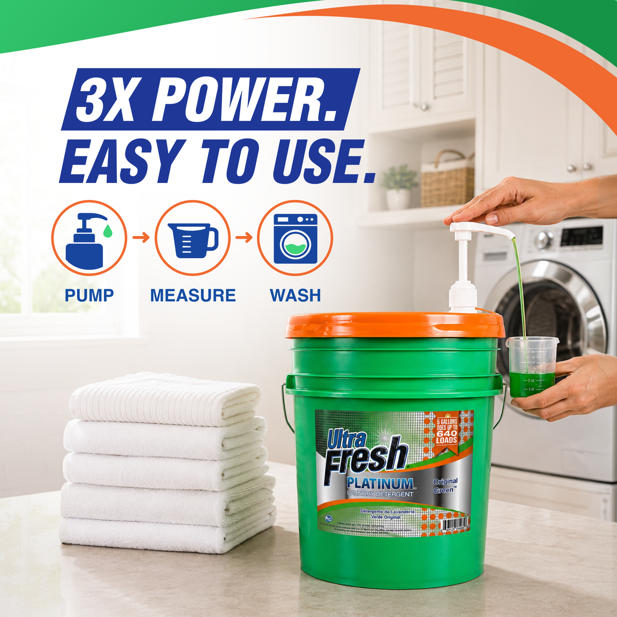 Ultra Fresh 3X Platinum 5 Gal Laundry Detergent, Up to 640 Loads, Original Green