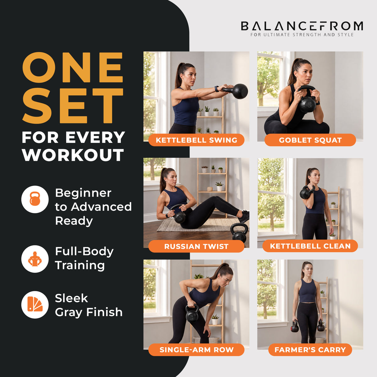BalanceFrom Cast Iron Kettlebell Set for Home Gym, 5 lb, 10 lb, 15 lb, & 20 lb