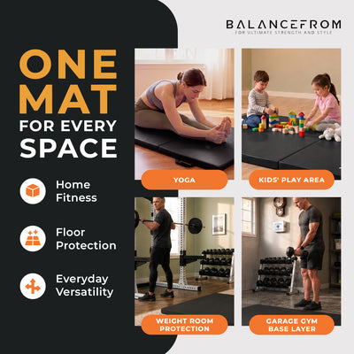 BalanceFrom Fitness GoGym 6x2ft Folding 3 Panel Exercise Mat with Handles, Black - VMInnovations