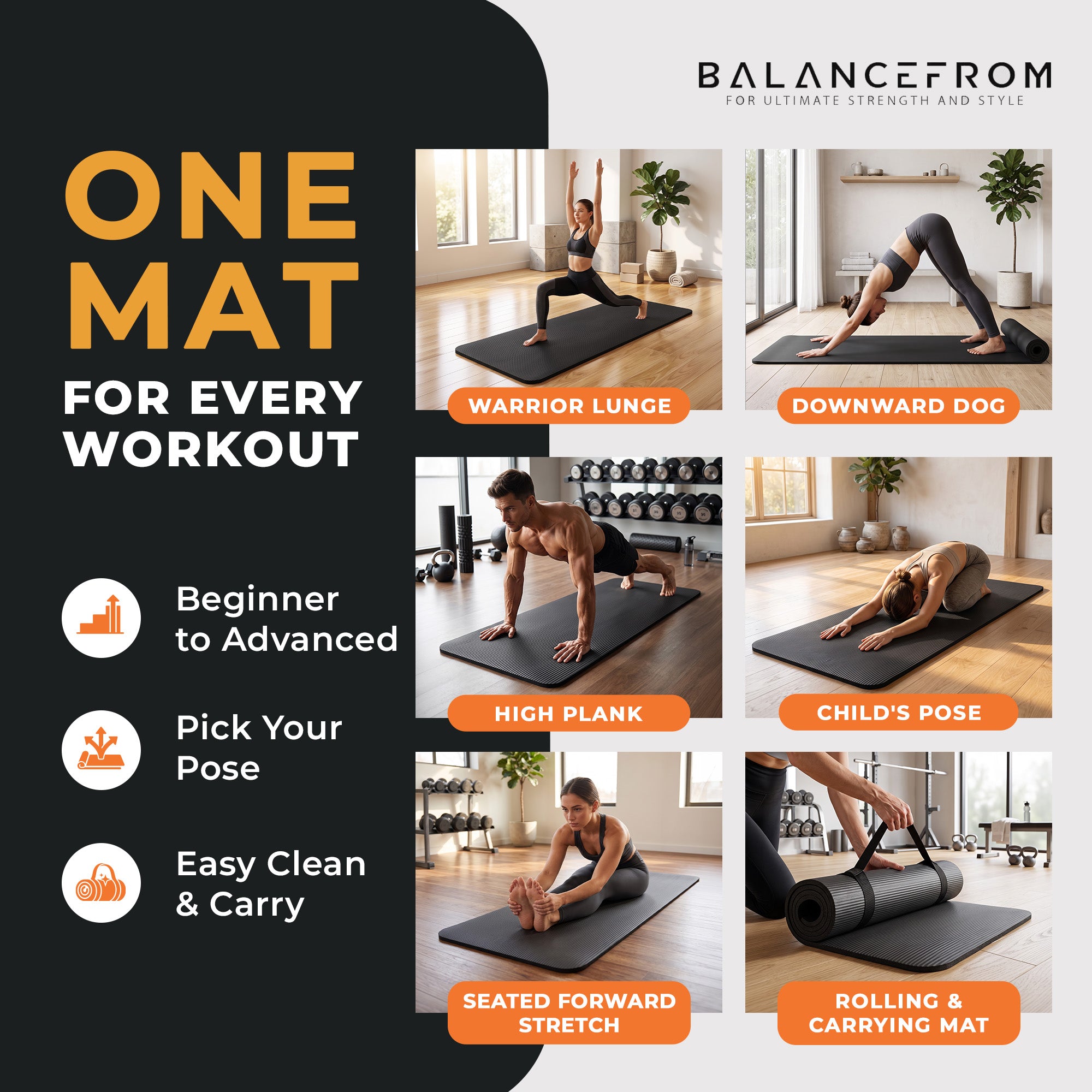 BalanceFrom Fitness 71x24in Anti Tear Exercise Yoga Mat with Strap, Black (Used)
