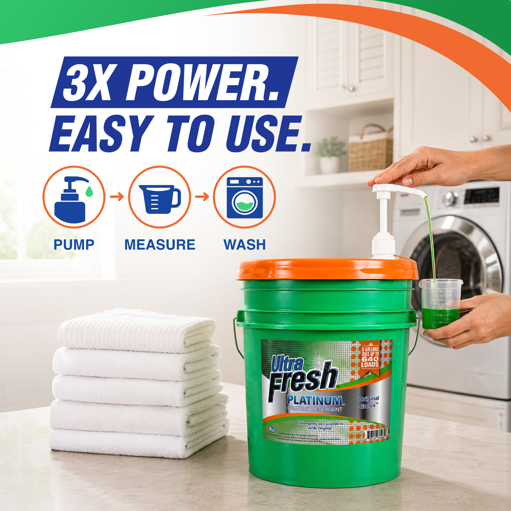 Ultra Fresh 3X Platinum 5 Gal Laundry Detergent, Up to 640 Loads, Original Green