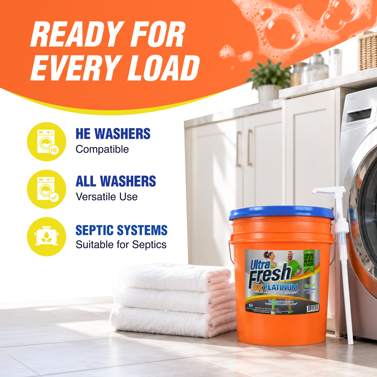Ultra Fresh 6X Platinum 5 Gallon Sport Laundry Detergent, Up to 640 Loads w/Pump