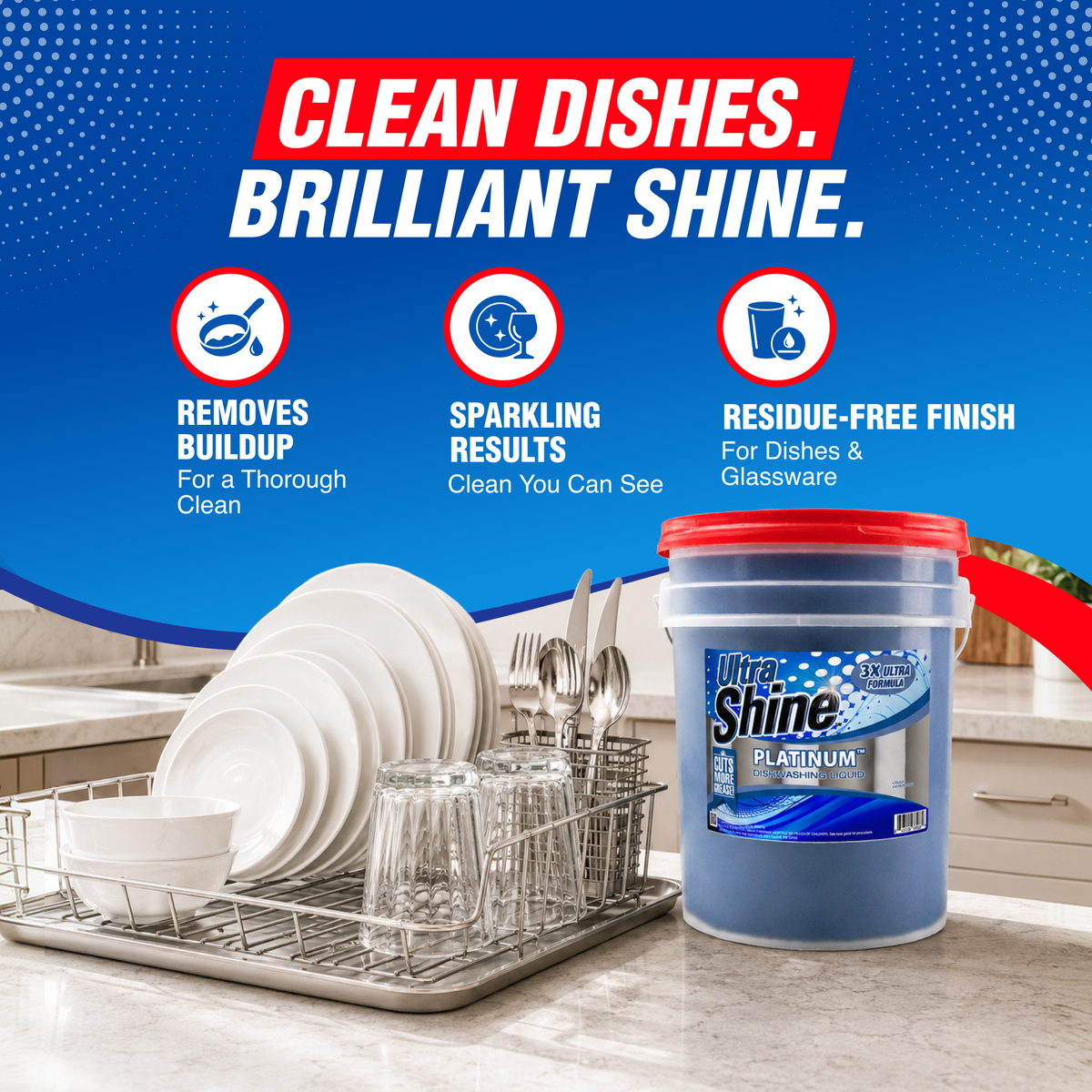 Ultra Shine™ 3X Platinum™ Dishwashing Liquid - Grease Remover, 5 Gallon, Blue