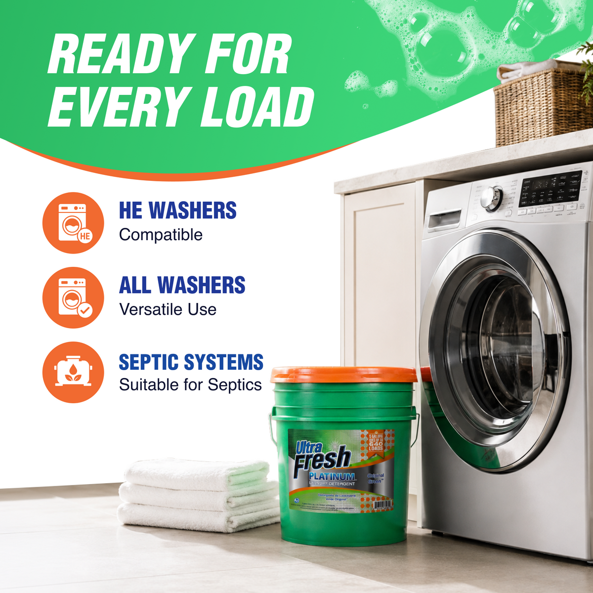 Ultra Fresh 3X Platinum 5 Gal Laundry Detergent, Up to 640 Loads, Original Green