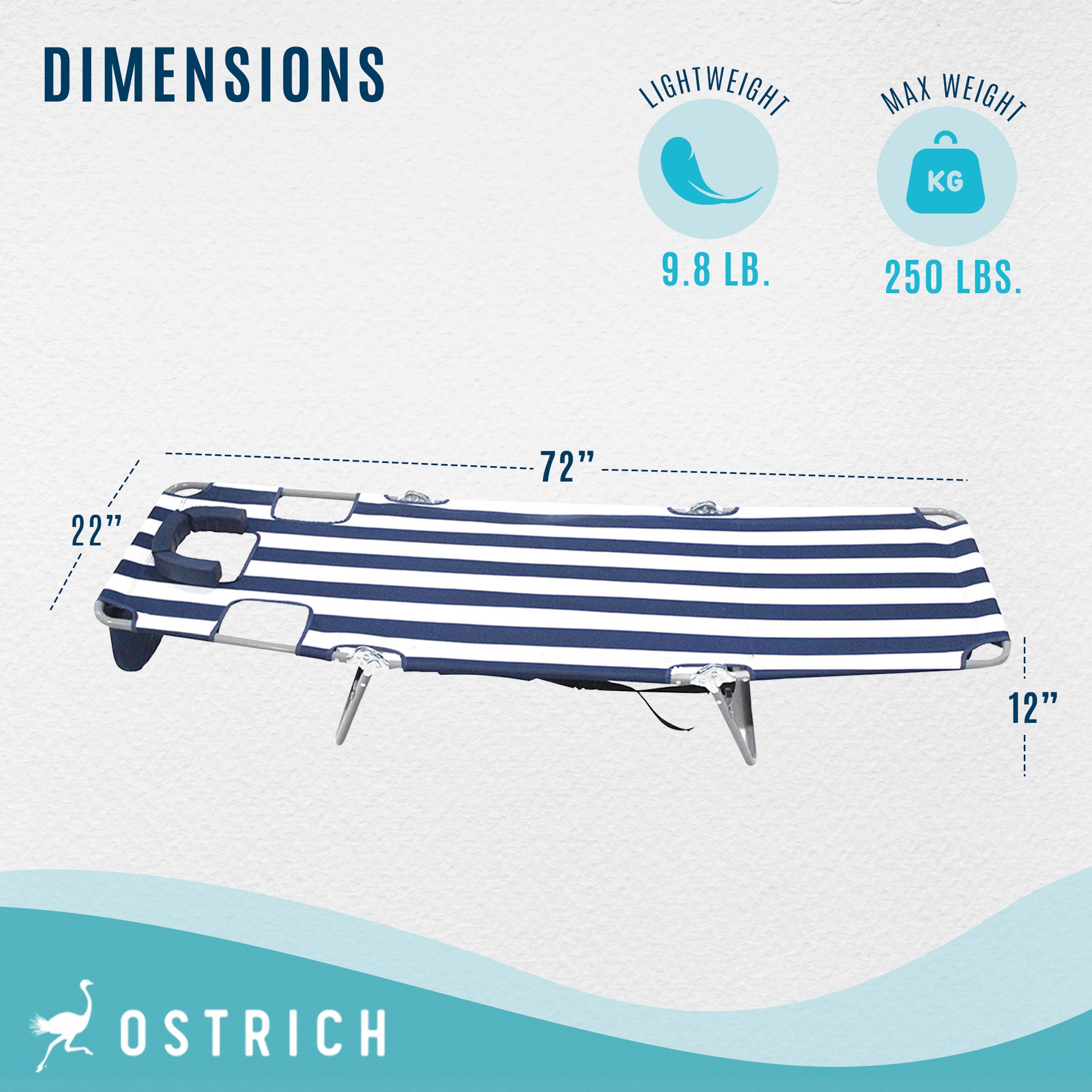 Ostrich Backpack Chaise Folding Lounge Chair w/Storage Bag, Navy Stripe (2 Pack)