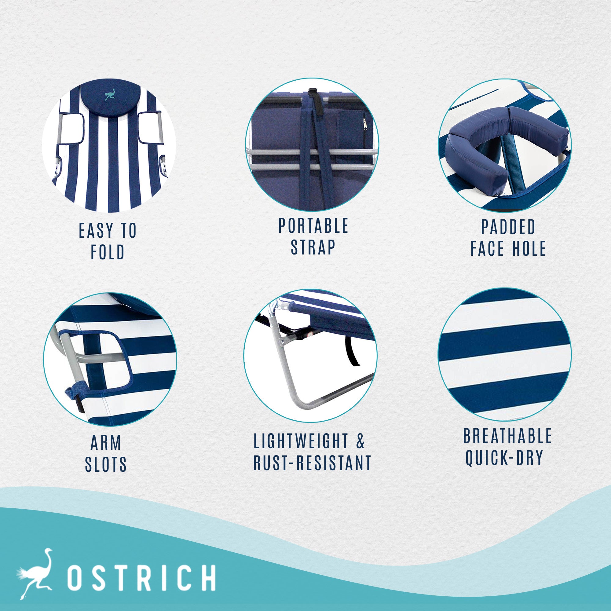 Ostrich Backpack Chaise Folding Lounge Chair w/Storage Bag, Navy Stripe (2 Pack)