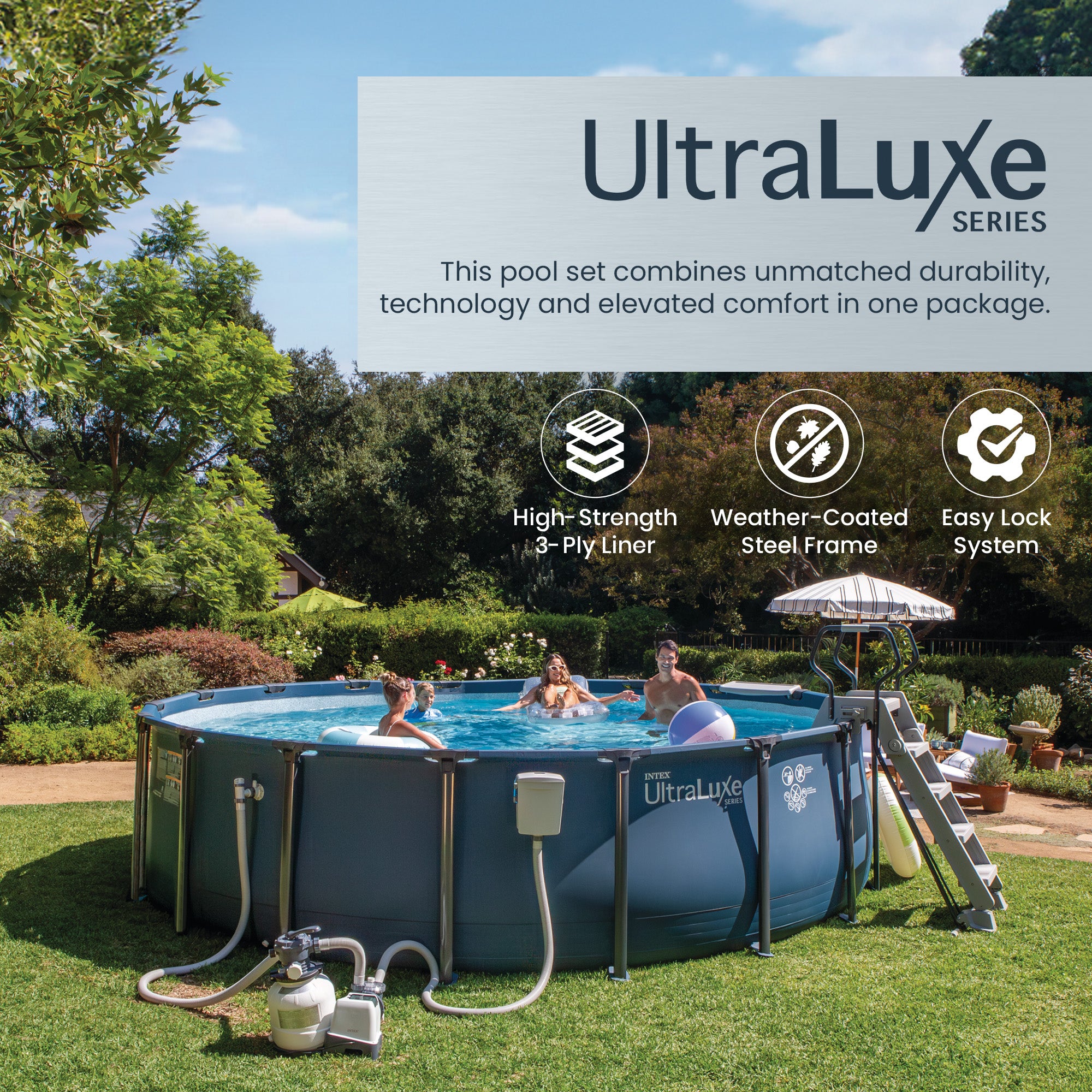 INTEX UltraLuxe 24ft x 52in Above Ground Pool, Sand Pump, & Saltwater System - VMInnovations