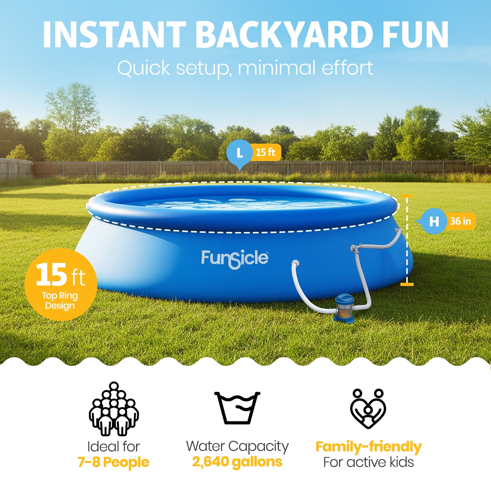 Funsicle 15' x 36" QuickSet Inflatable Ring Top Outdoor Above Ground Pool w/Pump - VMInnovations