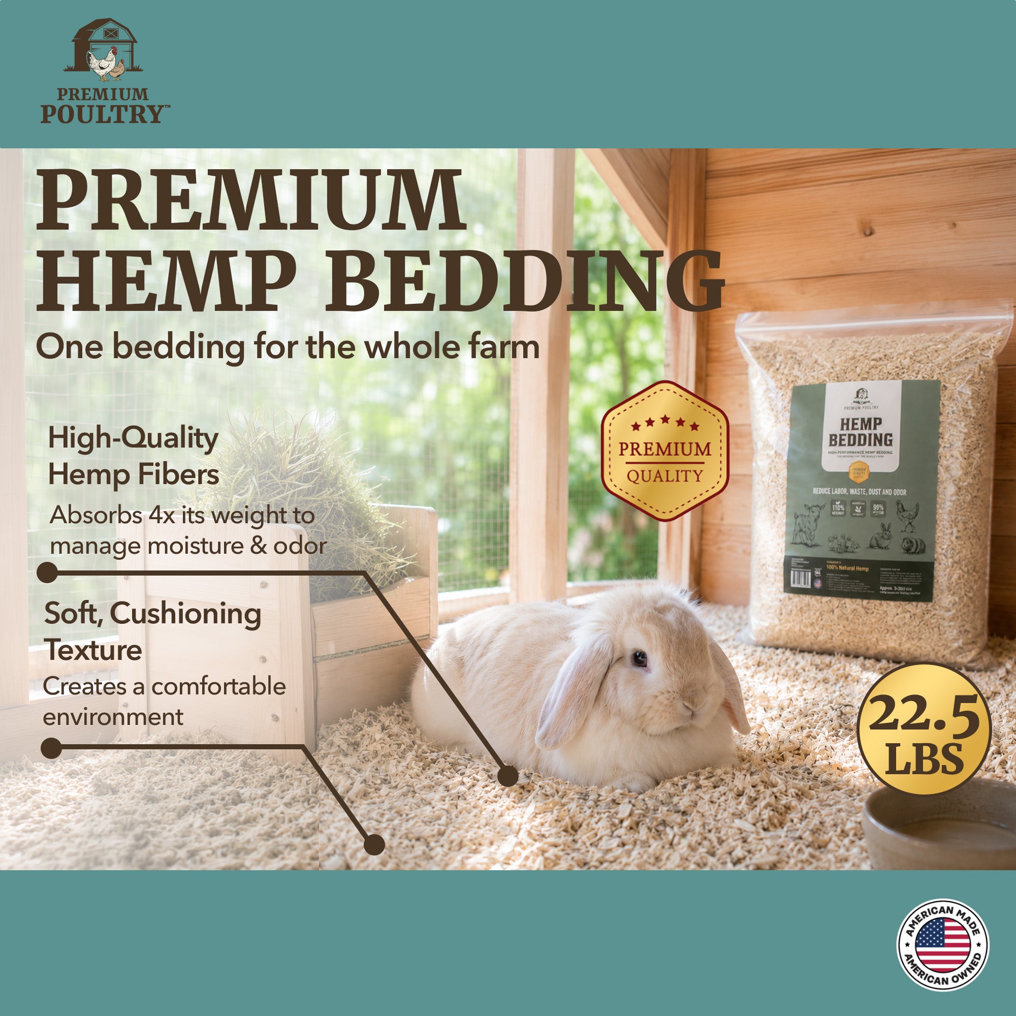 Premium Poultry 2 Pack Hemp Bedding Absorbent Chicken Coop Substrate, 22.5 Lb