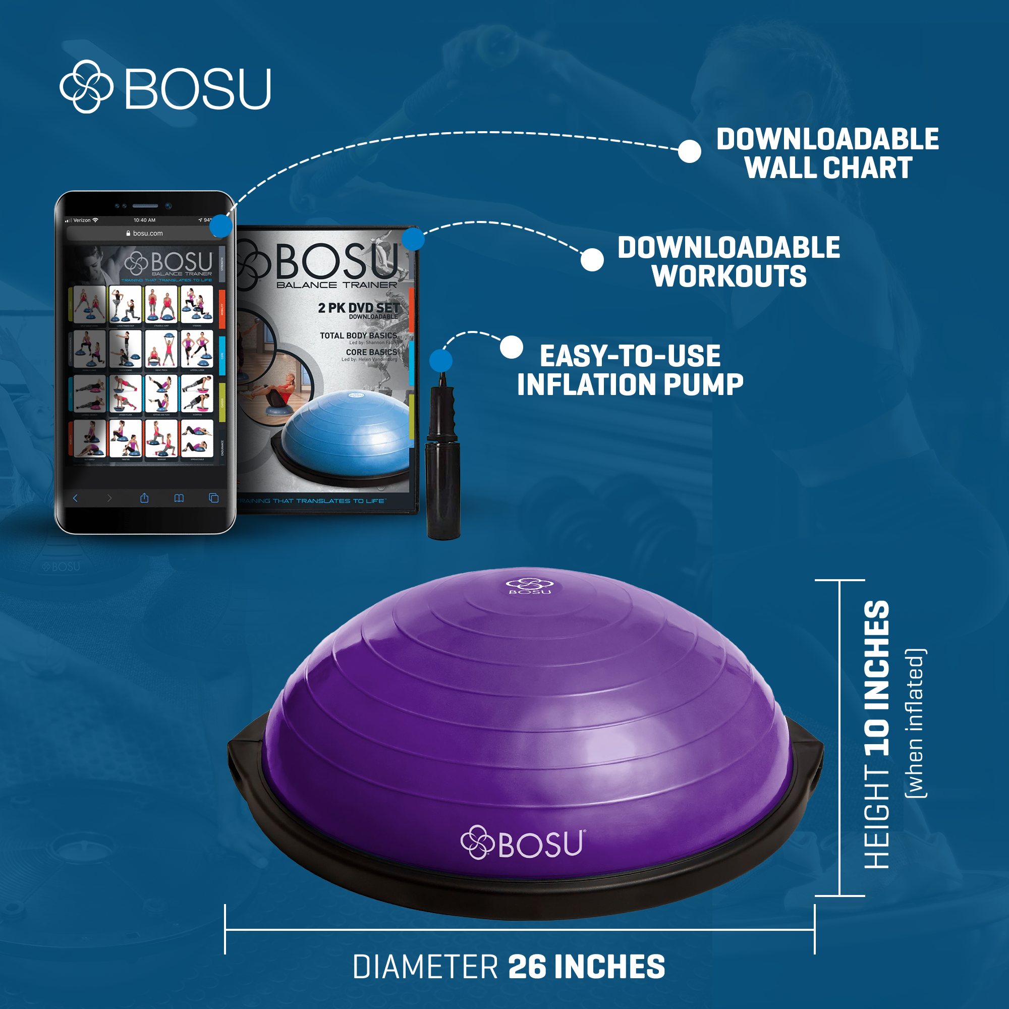 BOSU Pro Balance Trainer 26 Inch Stability Ball with Workout Guide Downloads - VMInnovations