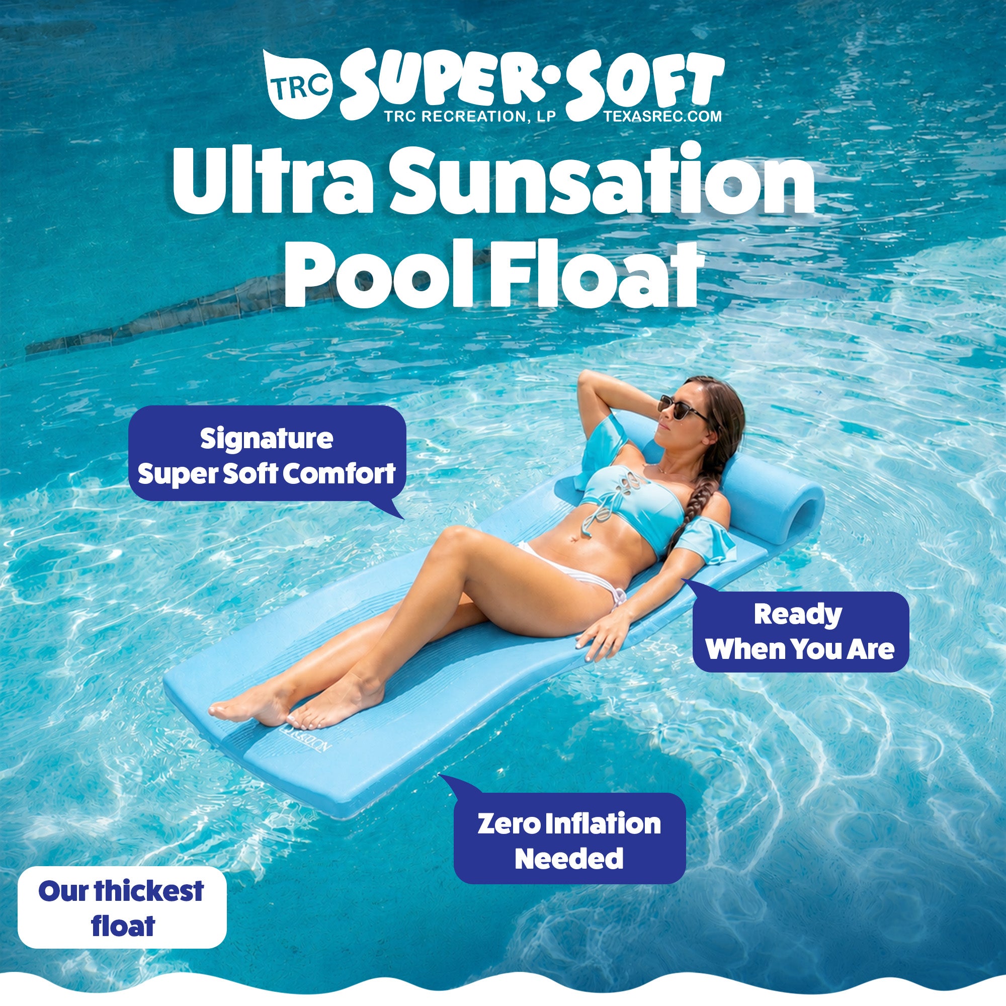 TRC Recreation Ultra Sunsation 2.5 Inch Thick Foam Pool Float Mat, Marina Blue
