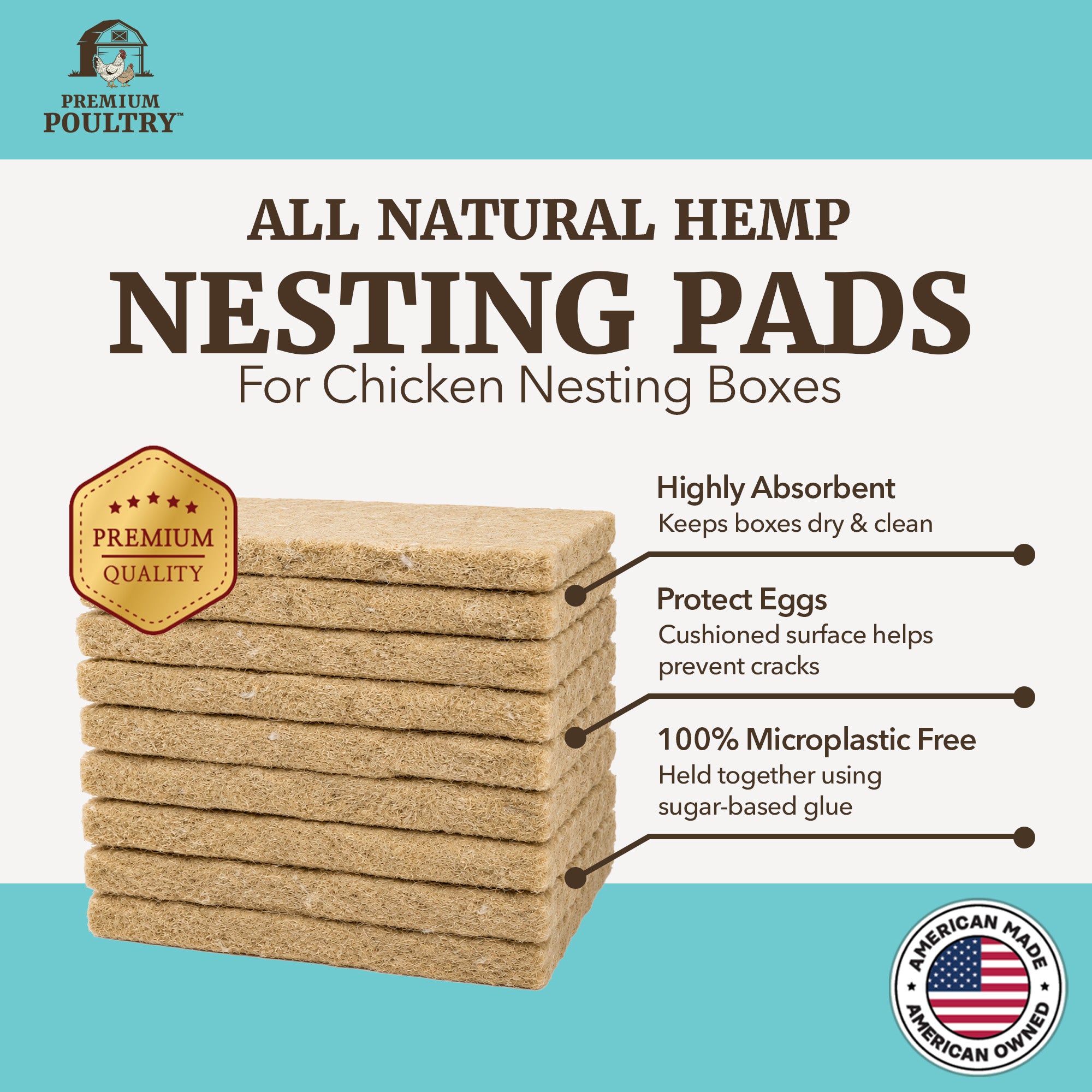 Premium Poultry Hemp Nesting Pads, Coop Bedding for Laying Hens, 12x12, 20 Pack