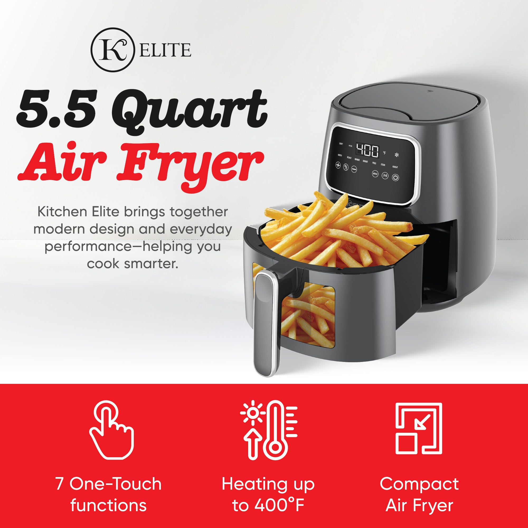 Kitchen Elite 5.5 Qt. Digital Air Fryer, Countertop Cooker with LED Screen, Grey