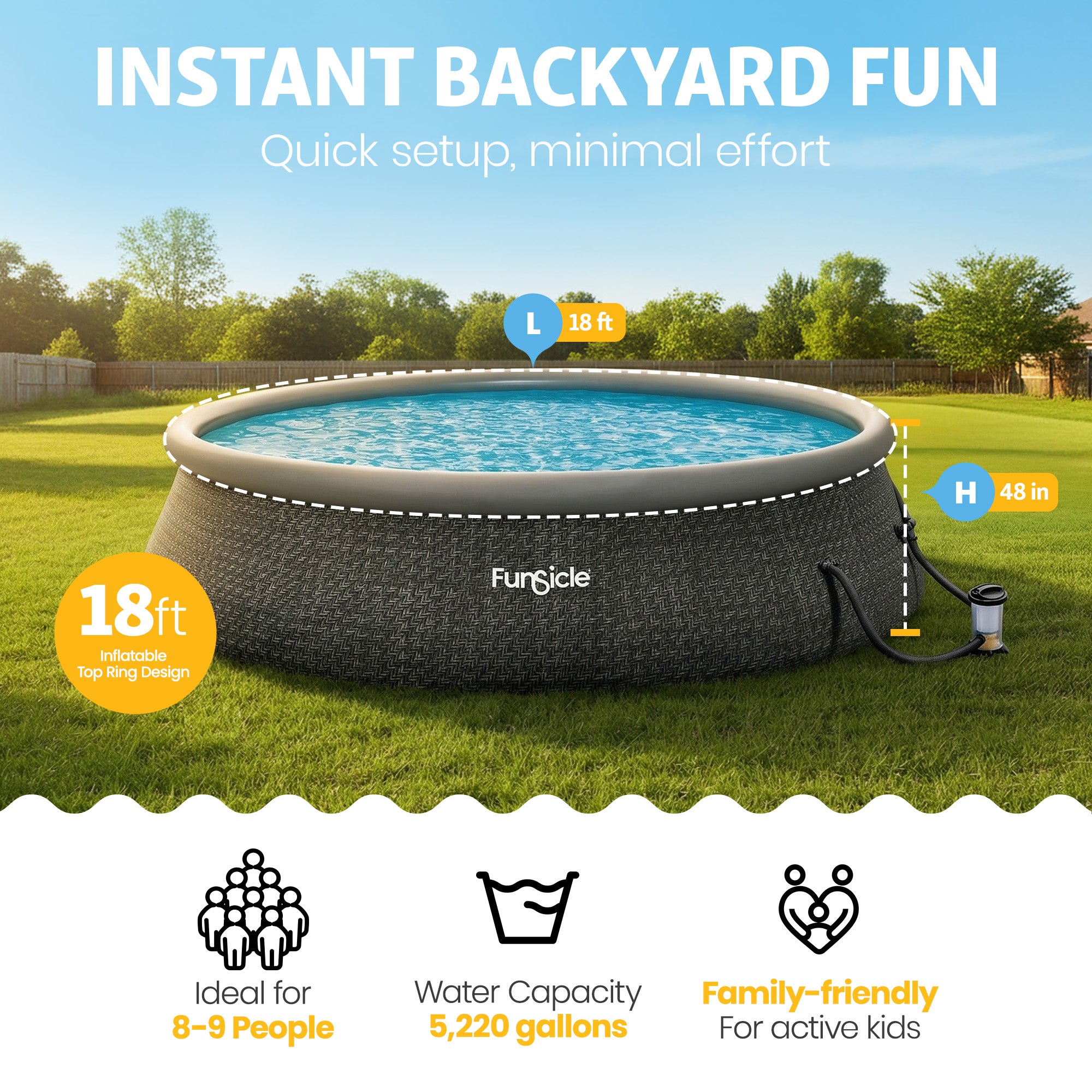 Funsicle 18' x 48" QuickSet Inflatable Ring Top Outdoor Above Ground Pool w/Pump
