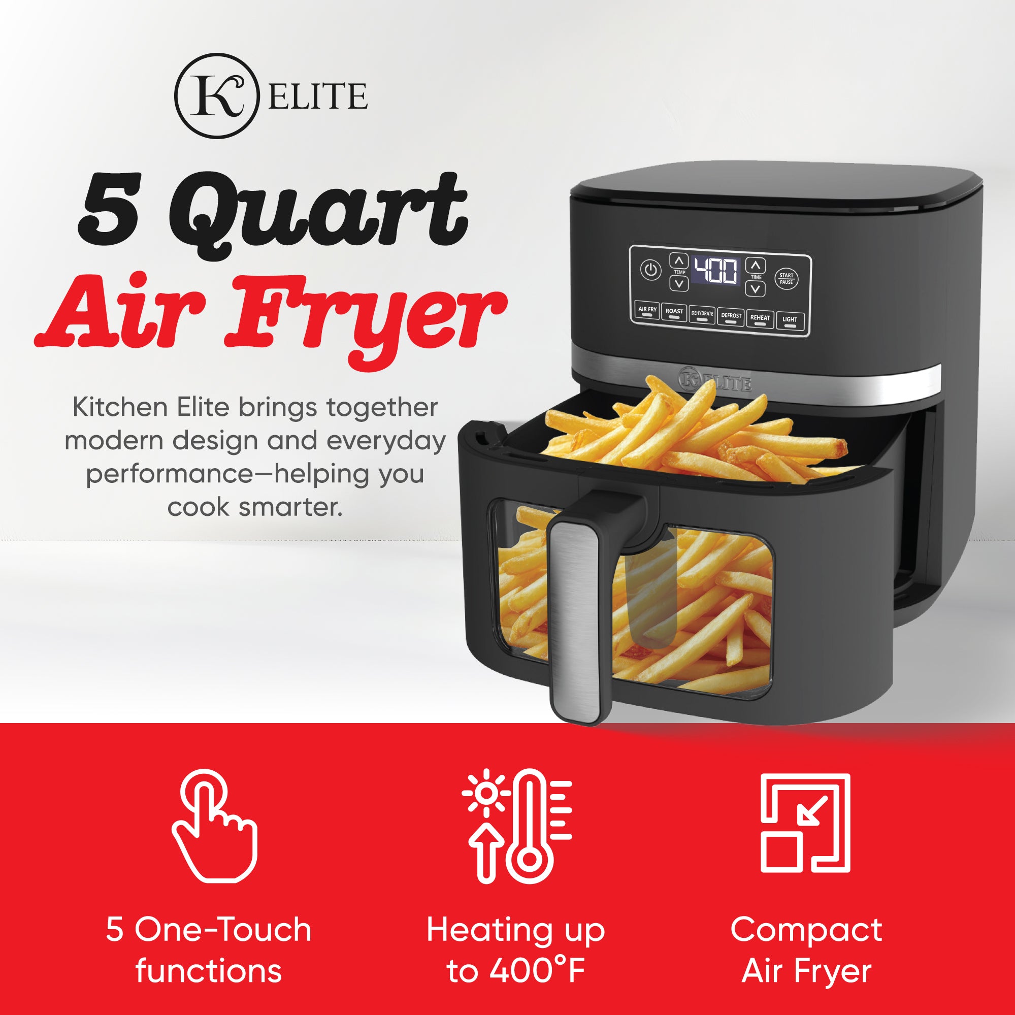 Kitchen Elite 5 Qt Digital Air Fryer, Countertop Nonstick Basket Oven, Black