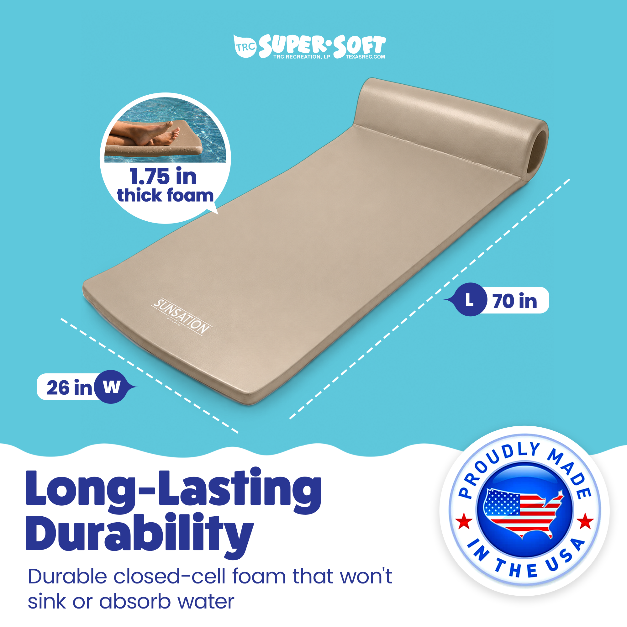 TRC Recreation Sunsation 1.75" Thick Foam Lounger Pool Float, Bronze (Open Box)