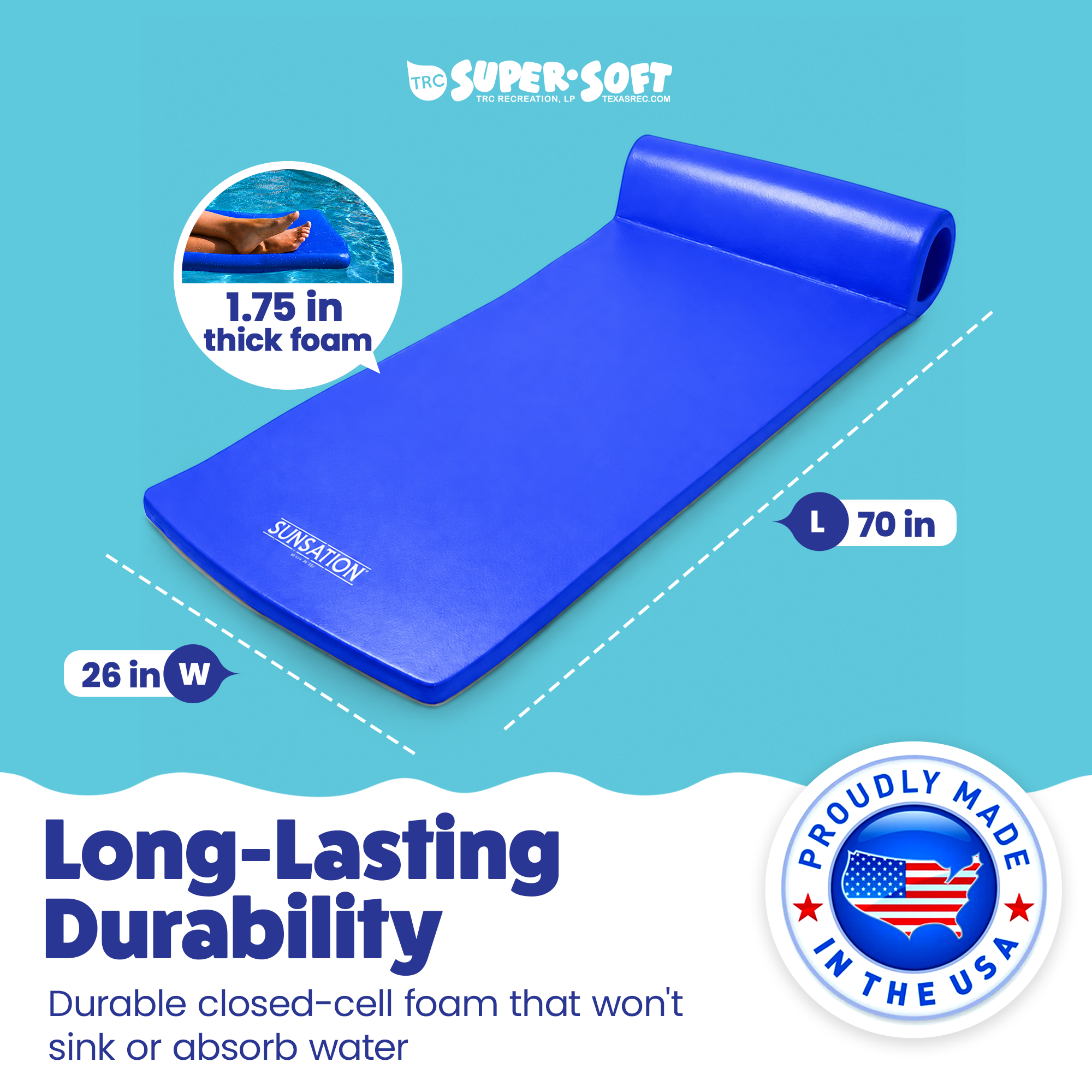 TRC Recreation Sunsation 1.75" Thick Foam Lounger Raft Pool Float, Indigo Blue