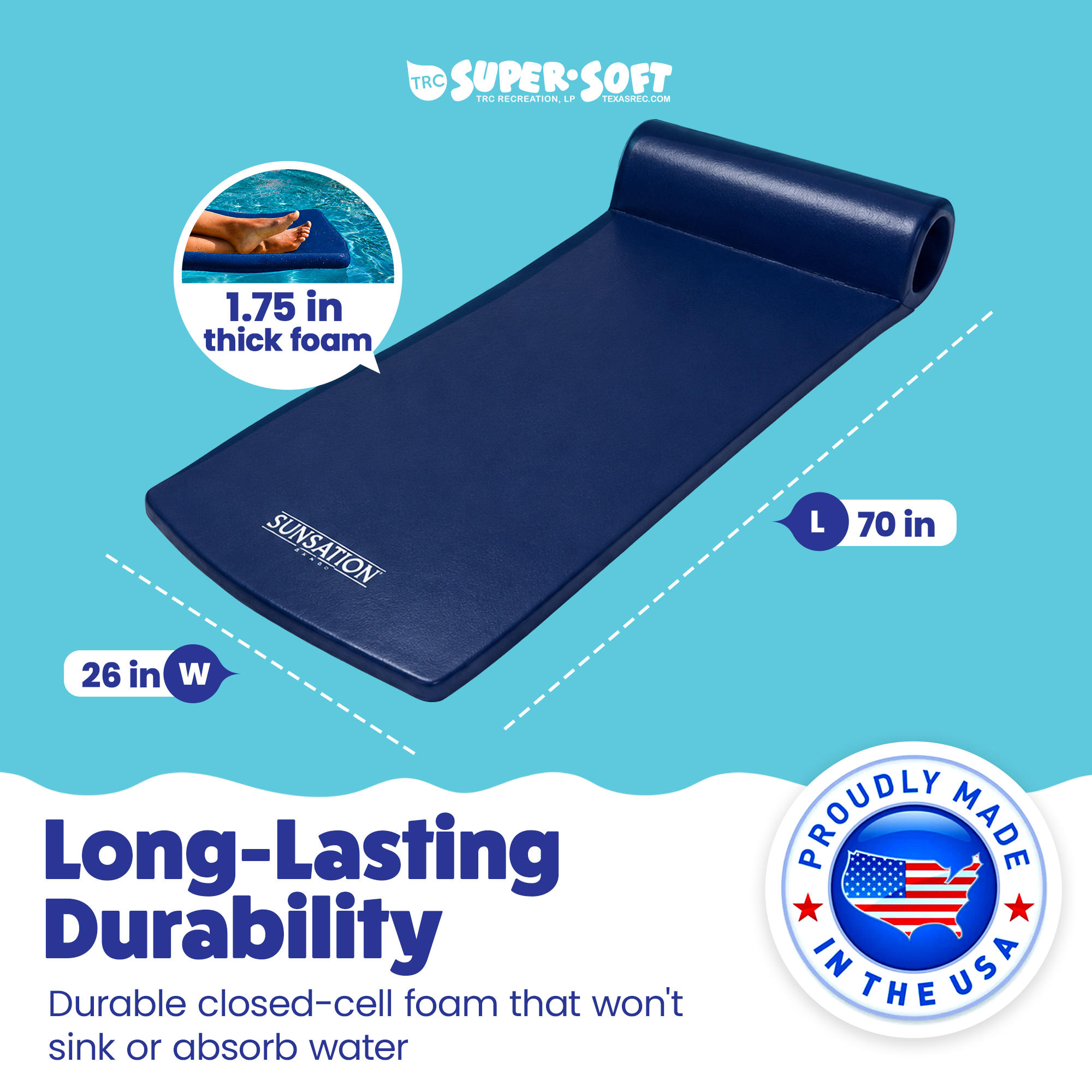 TRC Recreation Sunsation 1.75" Thick Foam Lounger Pool Float, 2 Pack, Navy Blue