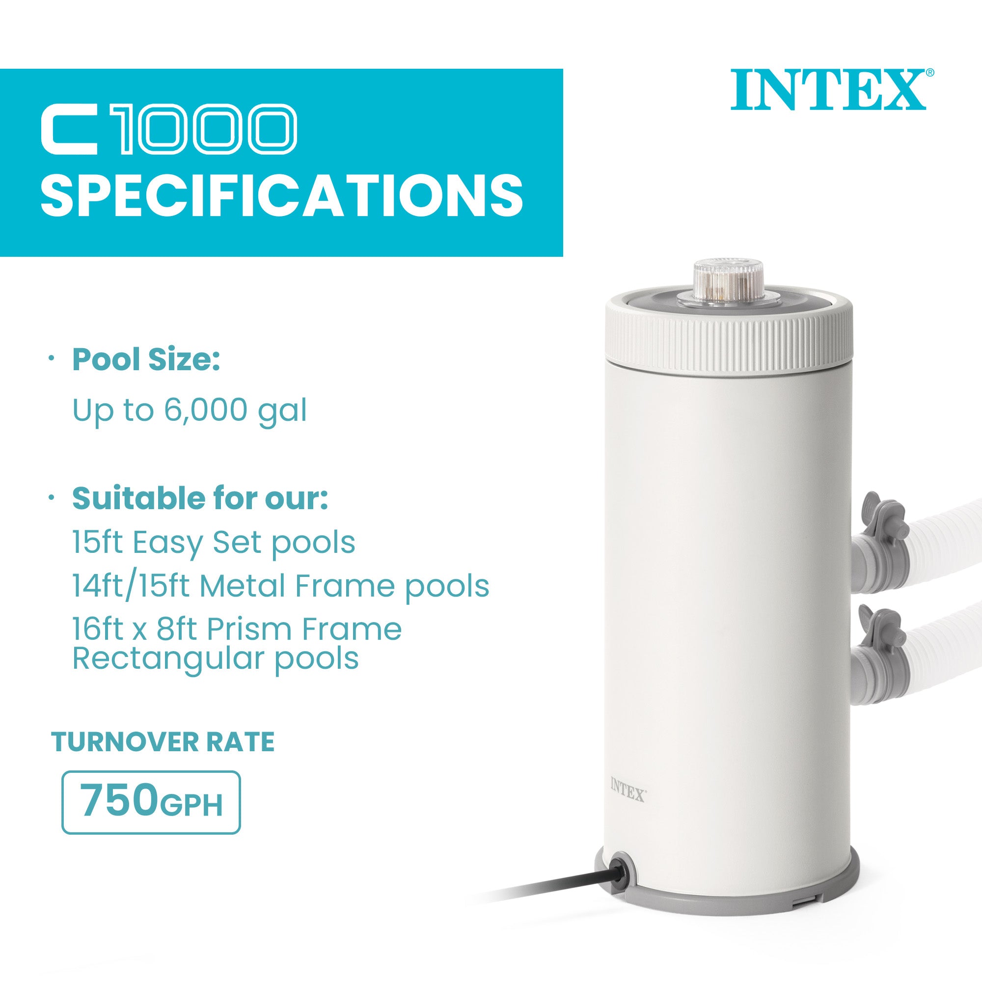 INTEX C1000 Cartridge Filter Pump for Above Ground Pool, 1000 GPH Pump Flow Rate - VMInnovations