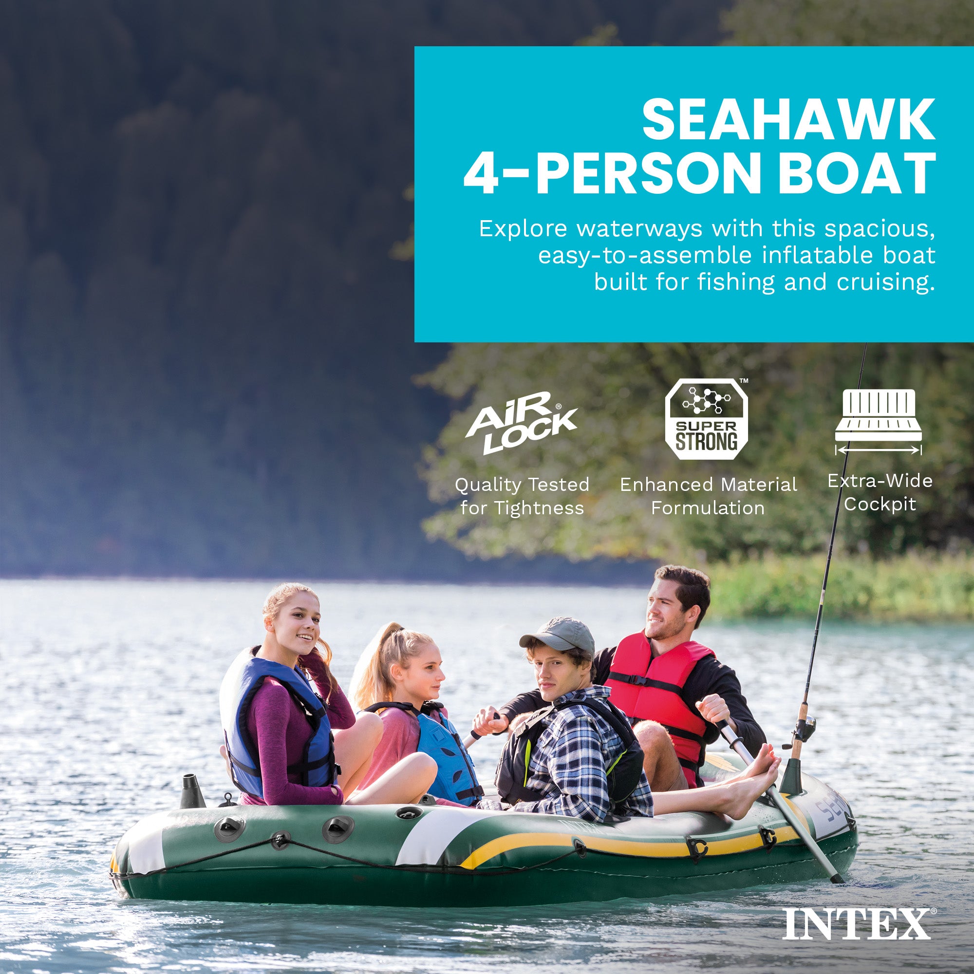 Intex Seahawk 4 Inflatable 4 Person Floating Boat Raft Set with Oars & Air Pump