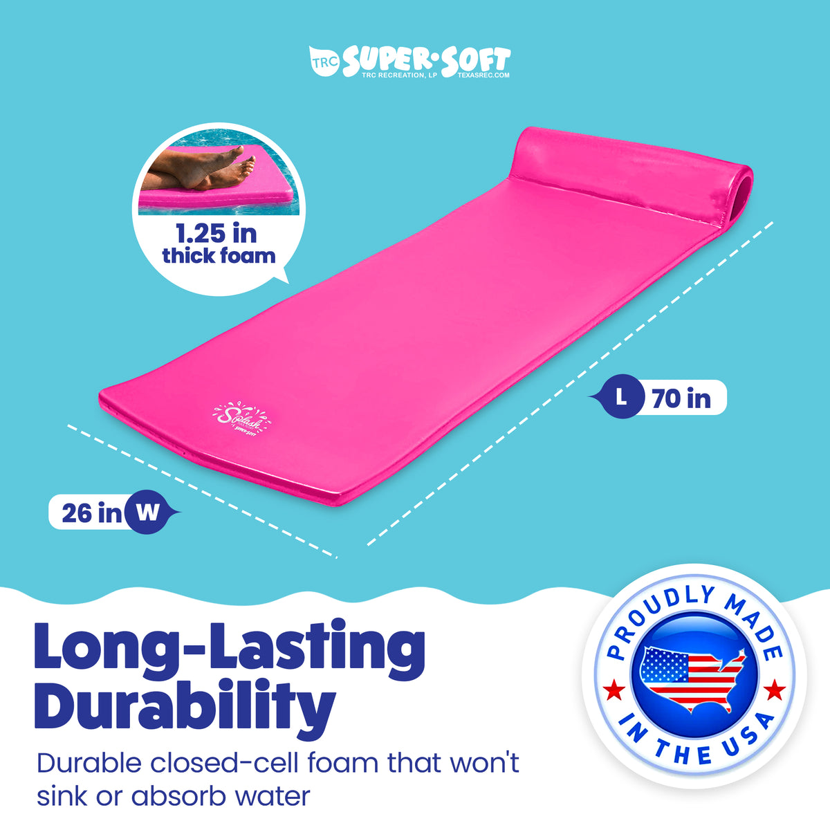 TRC Recreation Splash 1.25" Thick Foam Pool Float Mat, Flamingo Pink (2 Pack)