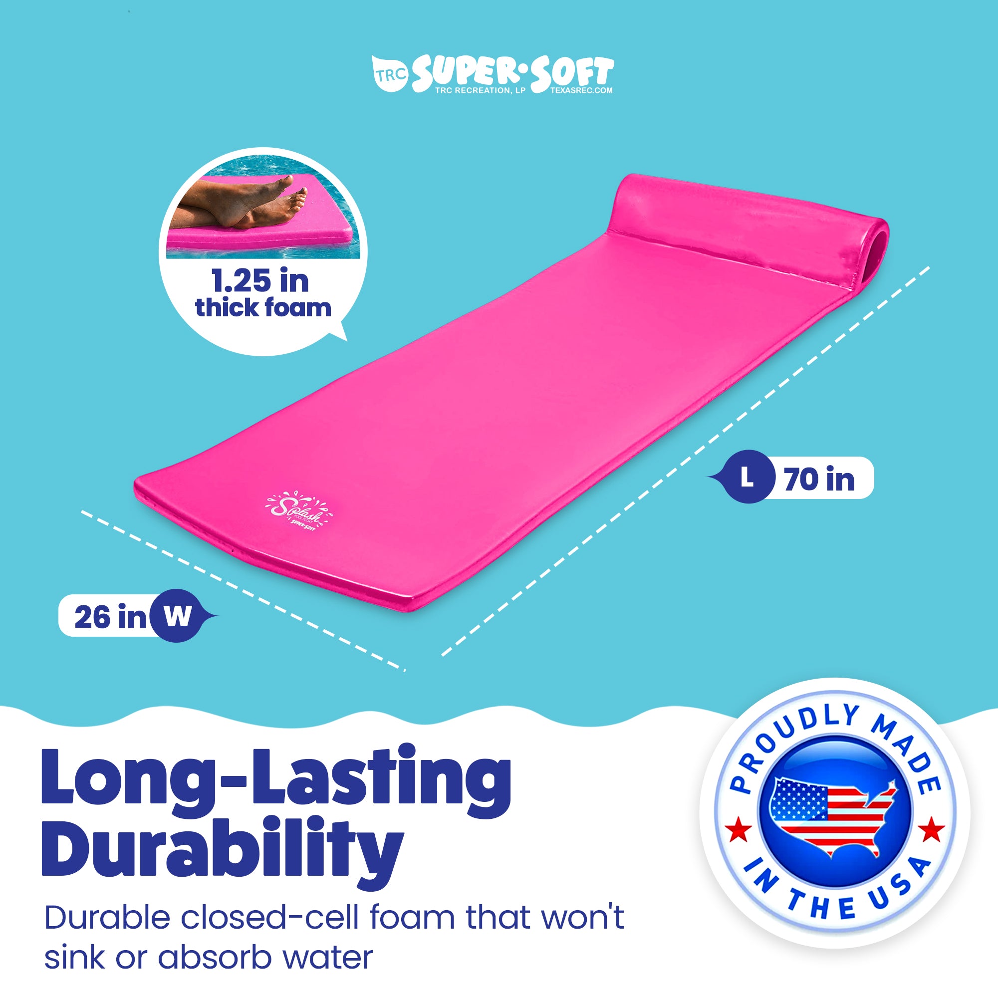 TRC Recreation Splash 1.25" Thick Foam Swimming Pool Float Mat, Flamingo Pink