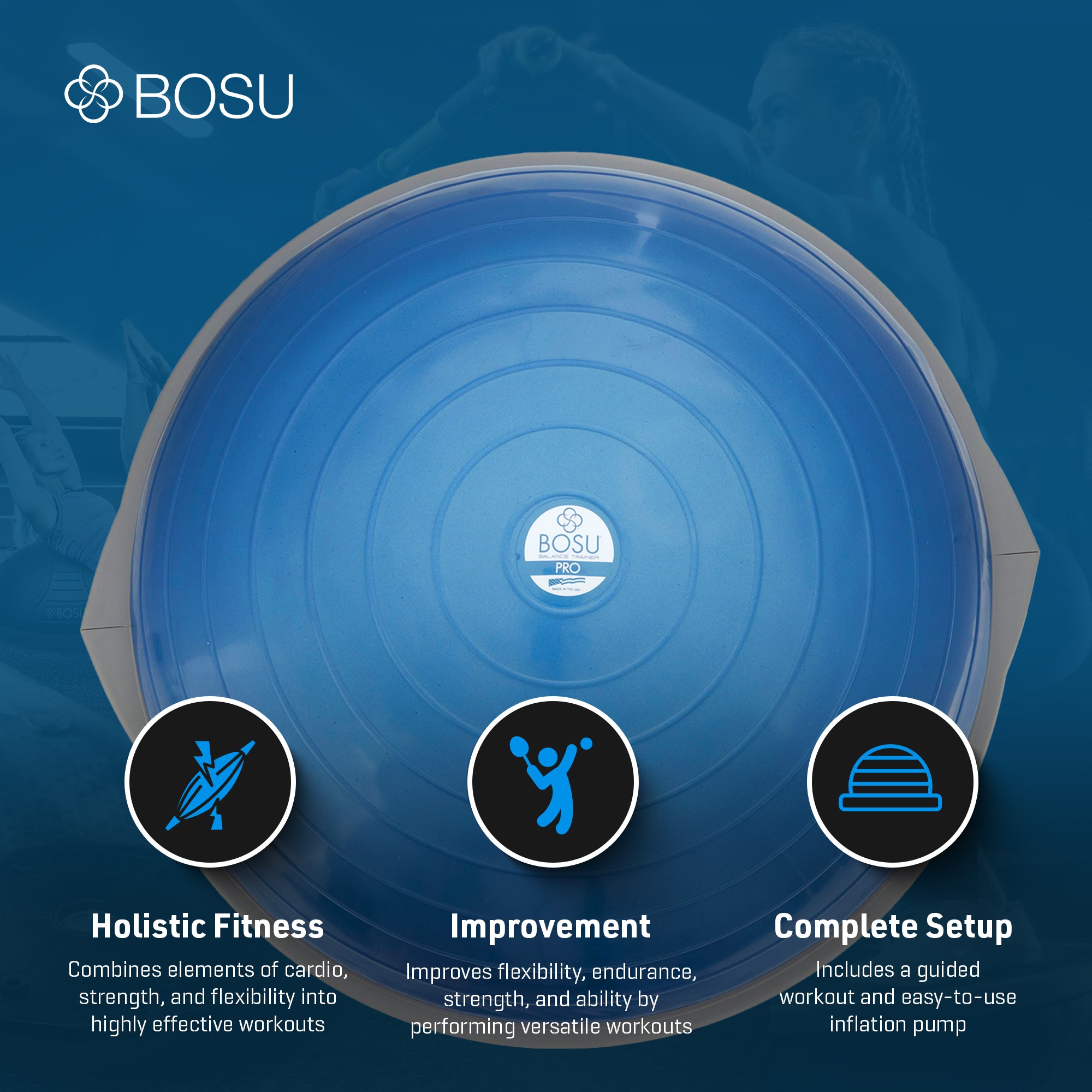 Bosu Pro Multifunctional Home Gym 26” Strength Trainer Ball Balance Board, Blue - VMInnovations