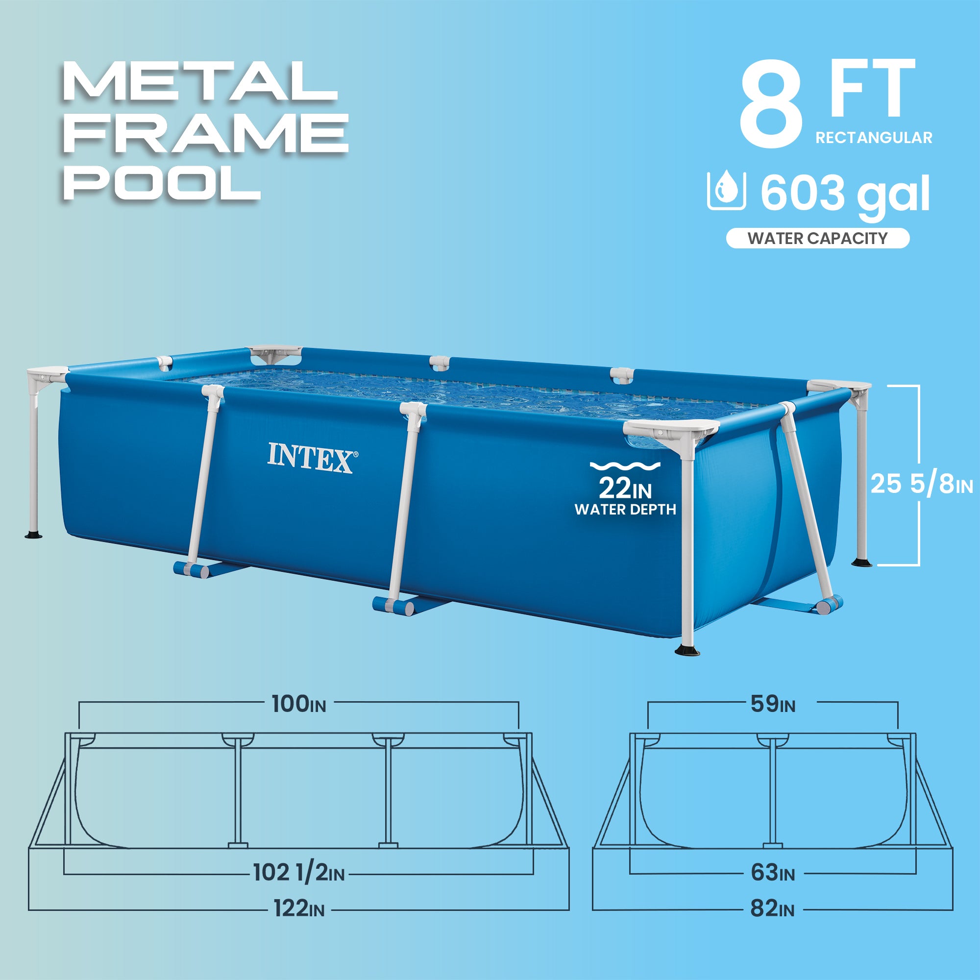 Intex 8.5ft x 26in Rectangular Frame Above Ground Backyard Swimming Pool, Blue