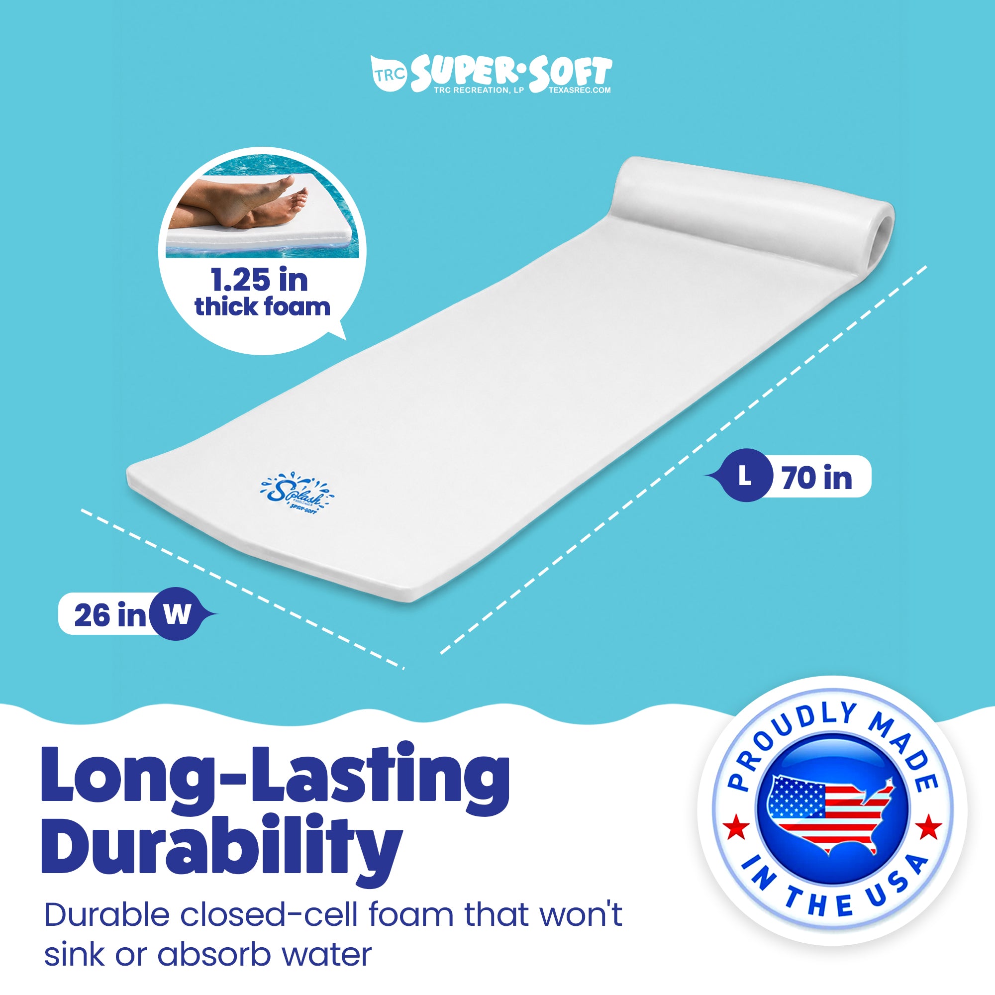 TRC Recreation Splash 1.25" Thick Foam Swimming Pool Float Lounger Mat, White