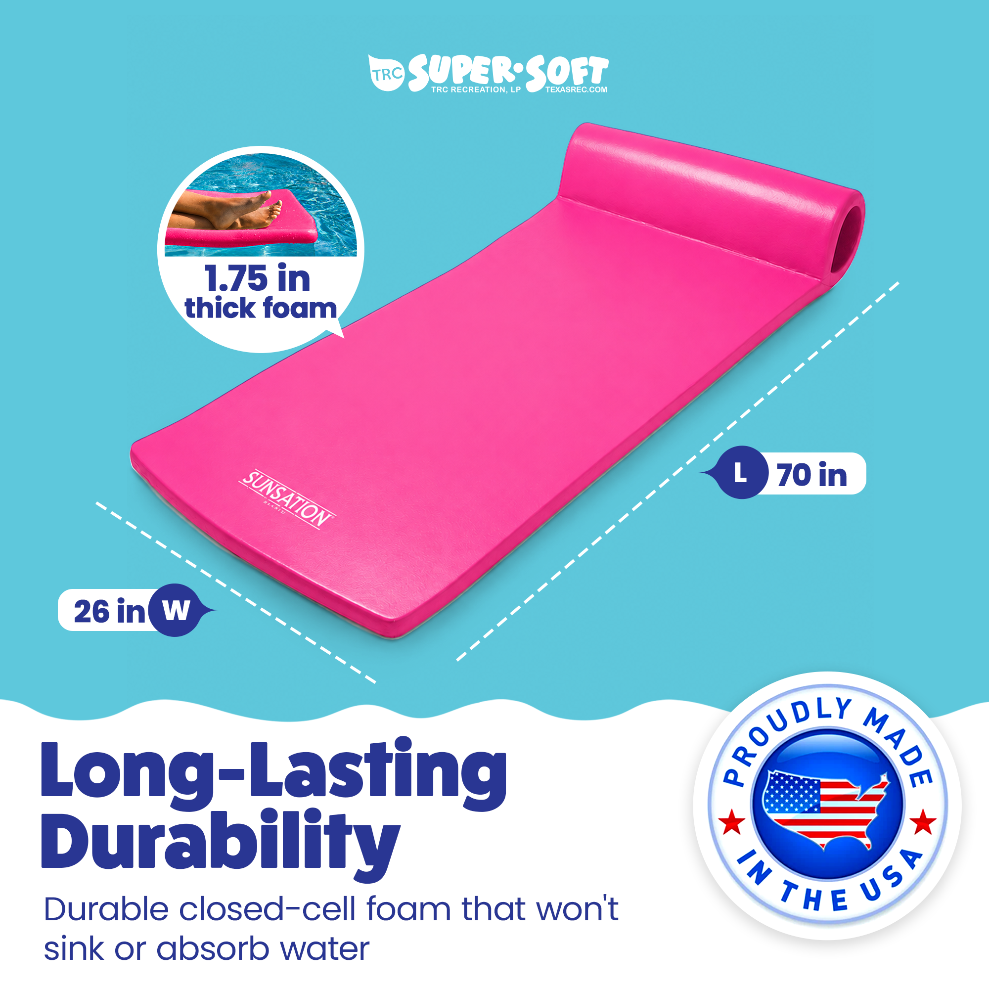 TRC Recreation Sunsation 1.75" Thick Foam Lounger Raft Pool Float, Flamingo Pink