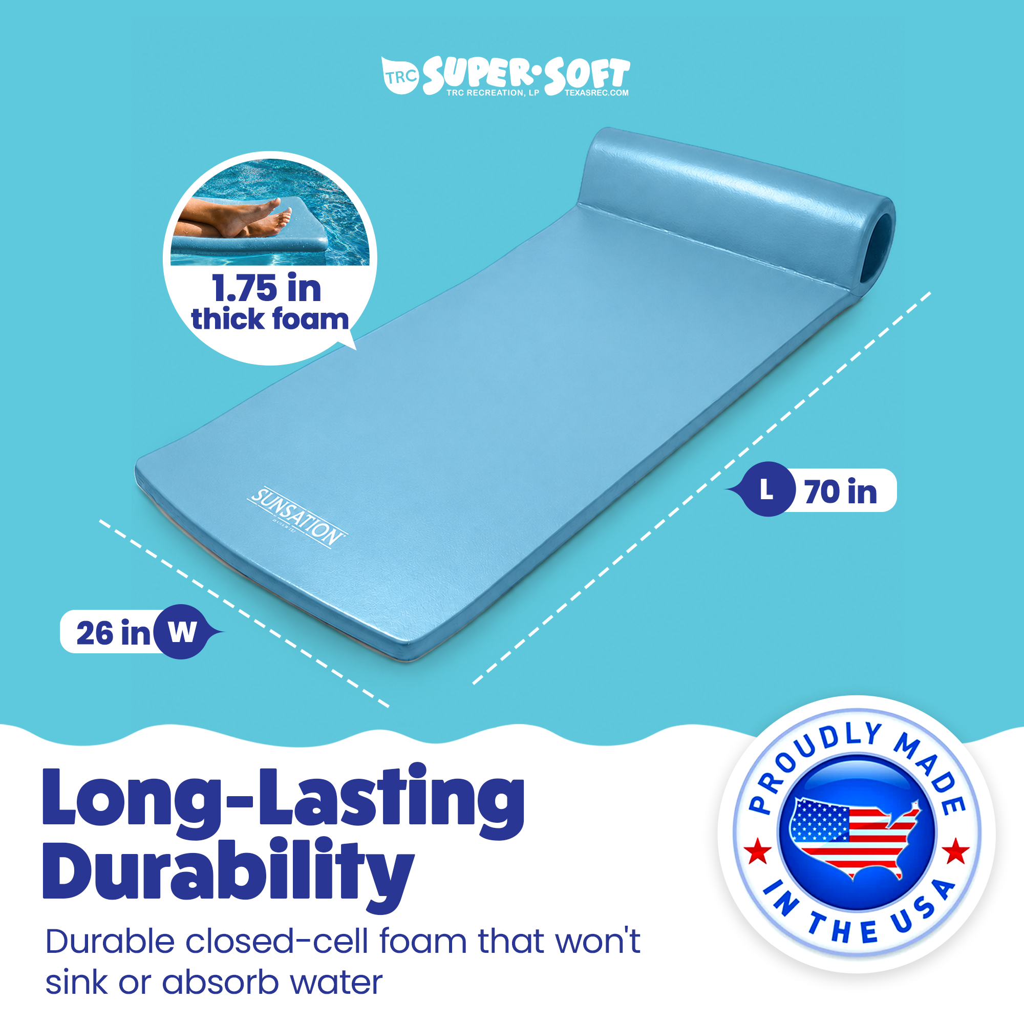 Texas Recreation Sunsation 70 Inch Foam Raft Lounger Pool Float, Blue (2 Pack)