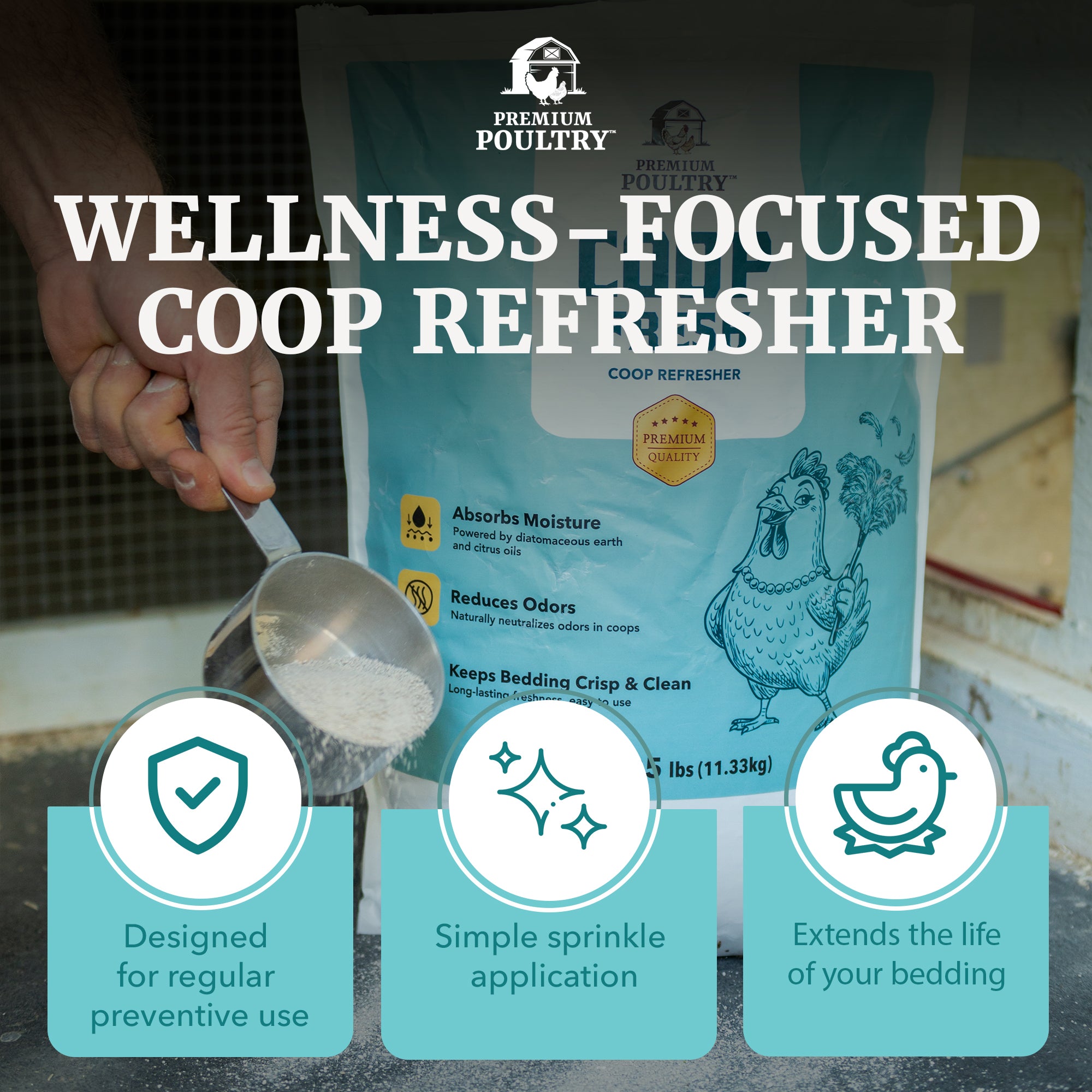 Premium Poultry Coop Fresh, Odor & Moisture Control for Chicken Coop, 25 Lb Bag