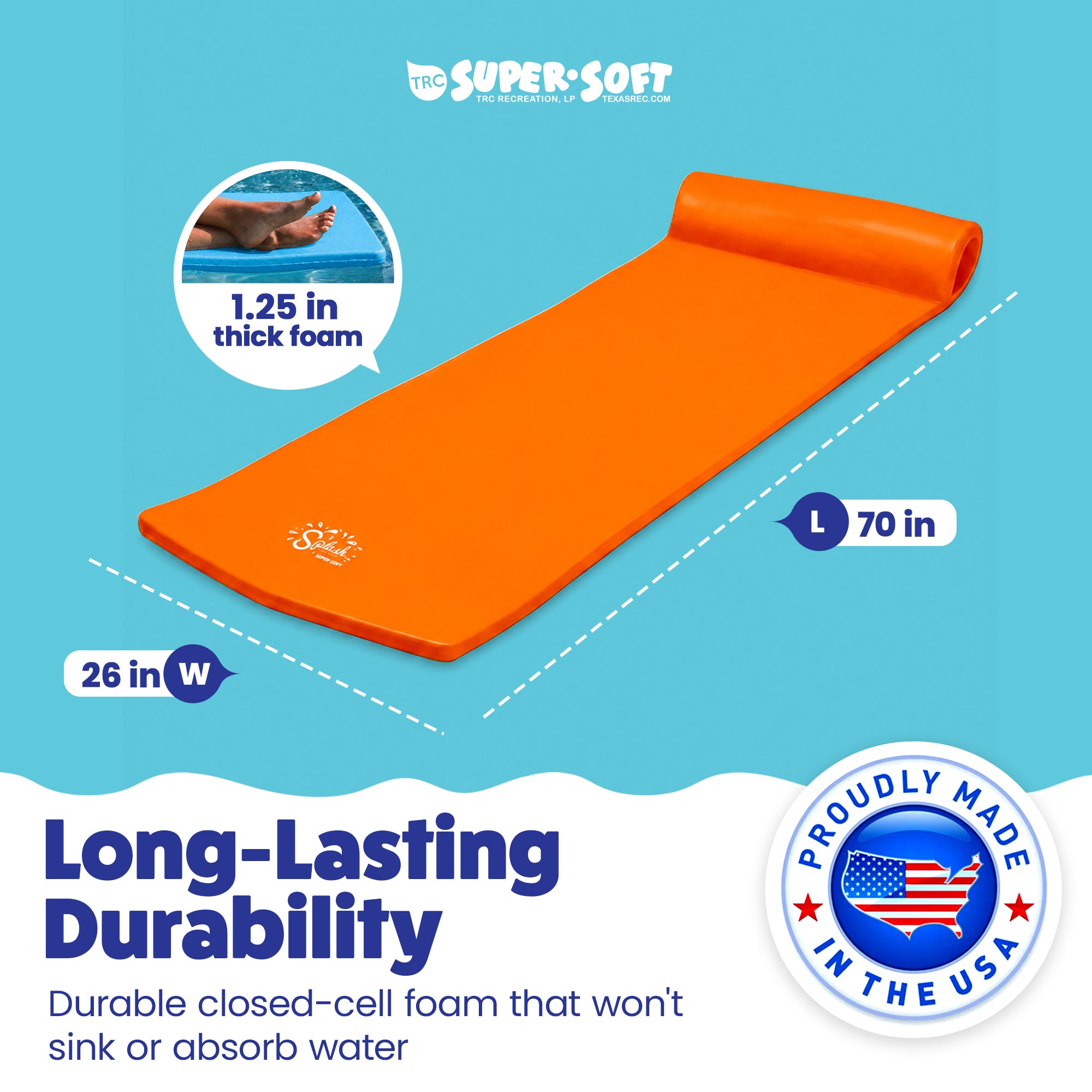 TRC Recreation Splash 1.25" Thick Foam Swimming Pool Float Mat, Sunset Orange