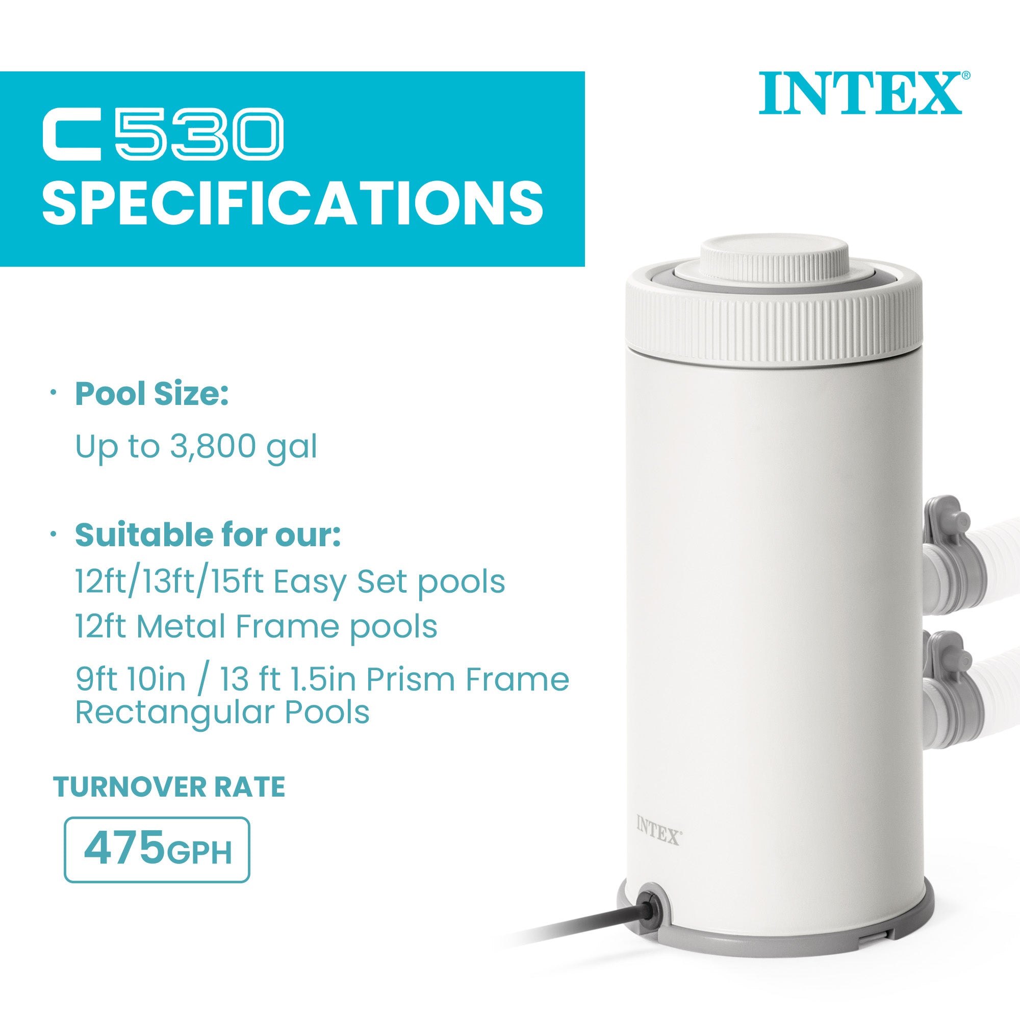 INTEX C530 Cartridge Filter Pump for Above Ground Pools, 530 GPH Pump Flow Rate - VMInnovations