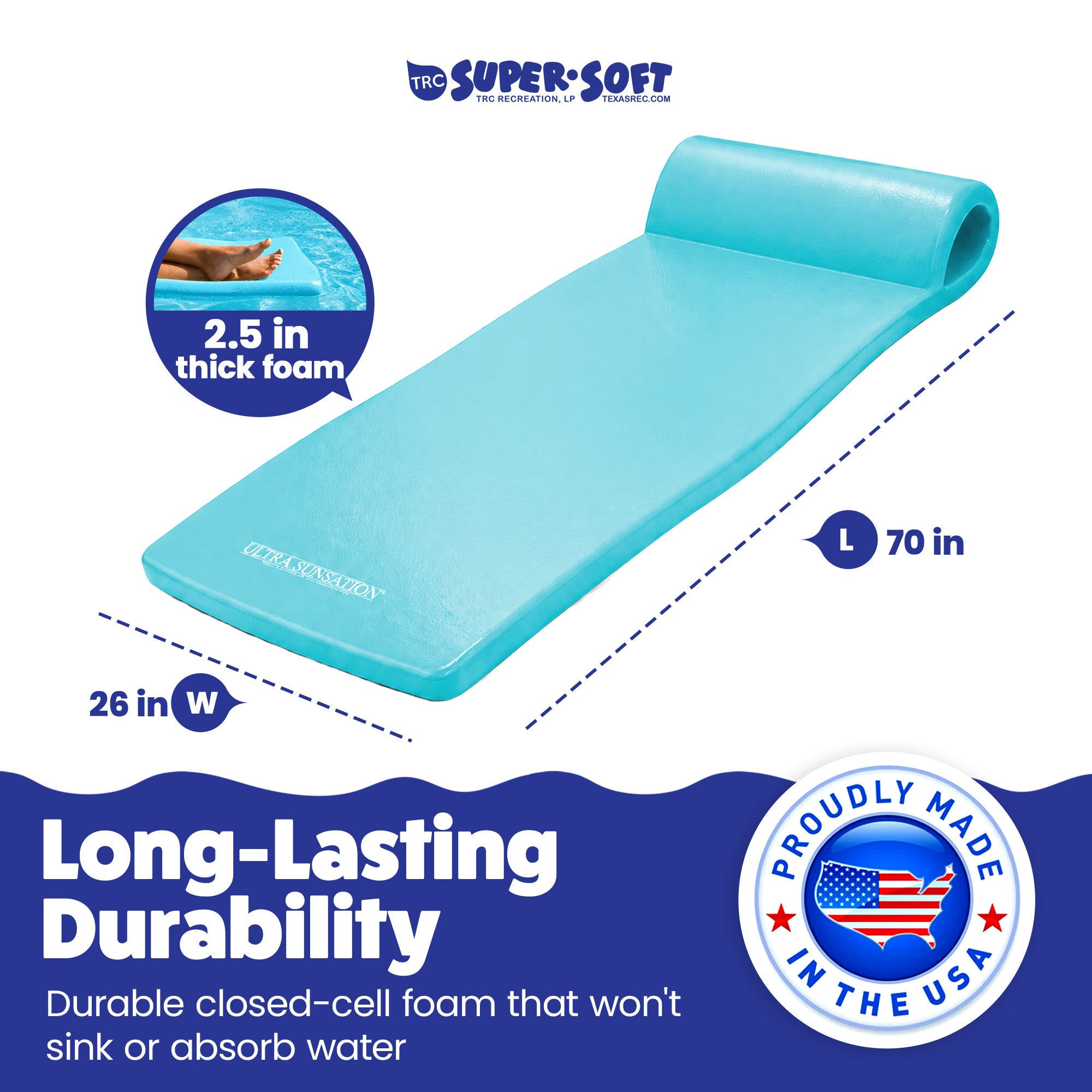 TRC Recreation Ultra Sunsation 2.5 Inch Thick Foam Pool Float Mat, Tropical Teal