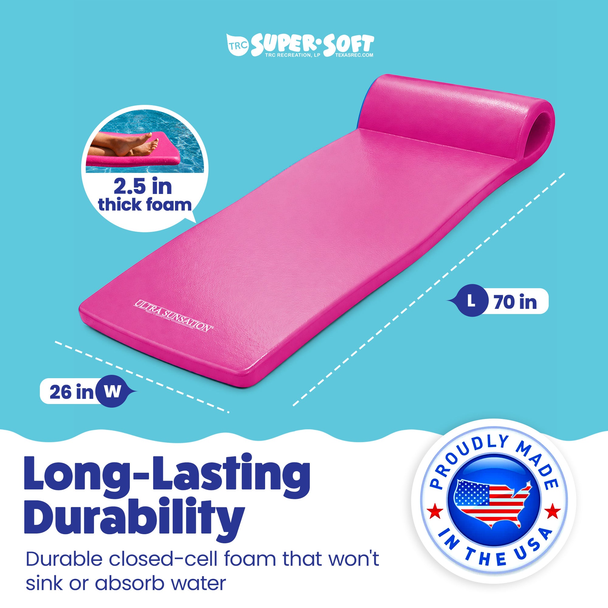TRC Recreation Ultra Sunsation 2.5 Inch Thick Foam Pool Float Lounge Mat, Pink