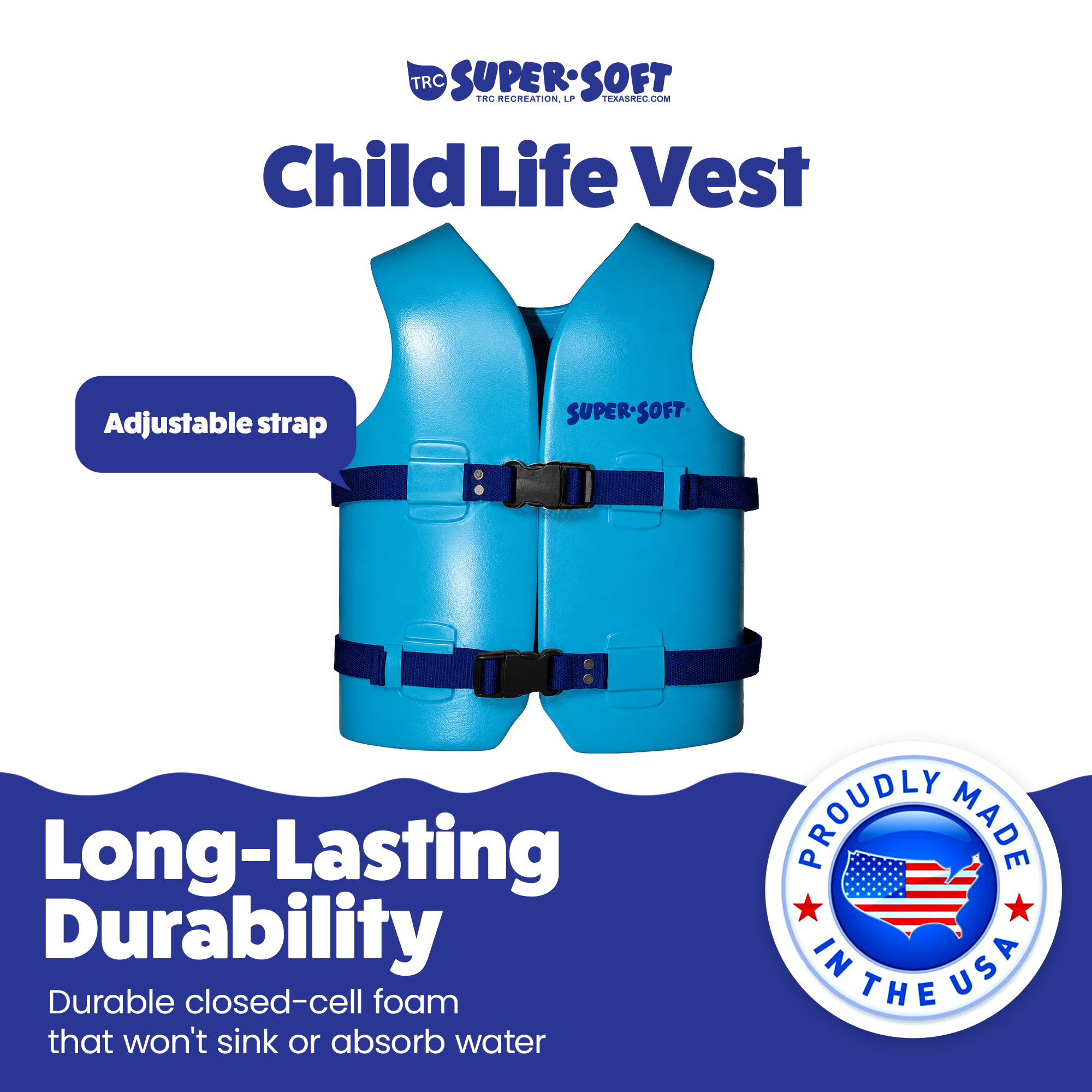 TRC Recreation Super Soft Medium Child Life Jacket Swim Safety Vest, Marina Blue