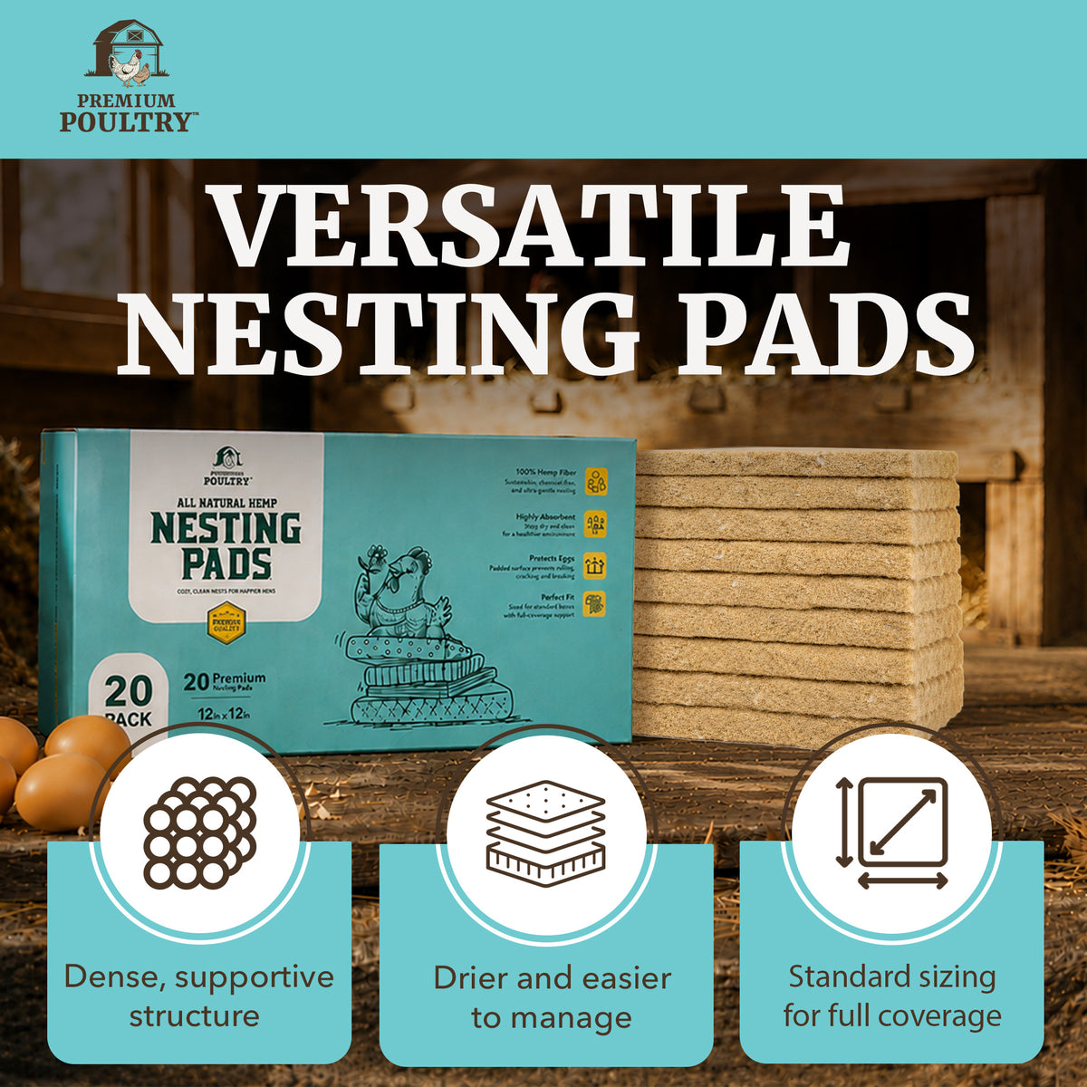 Premium Poultry Hemp Nesting Pads, Coop Bedding for Laying Hens, 12x12, 20 Pack