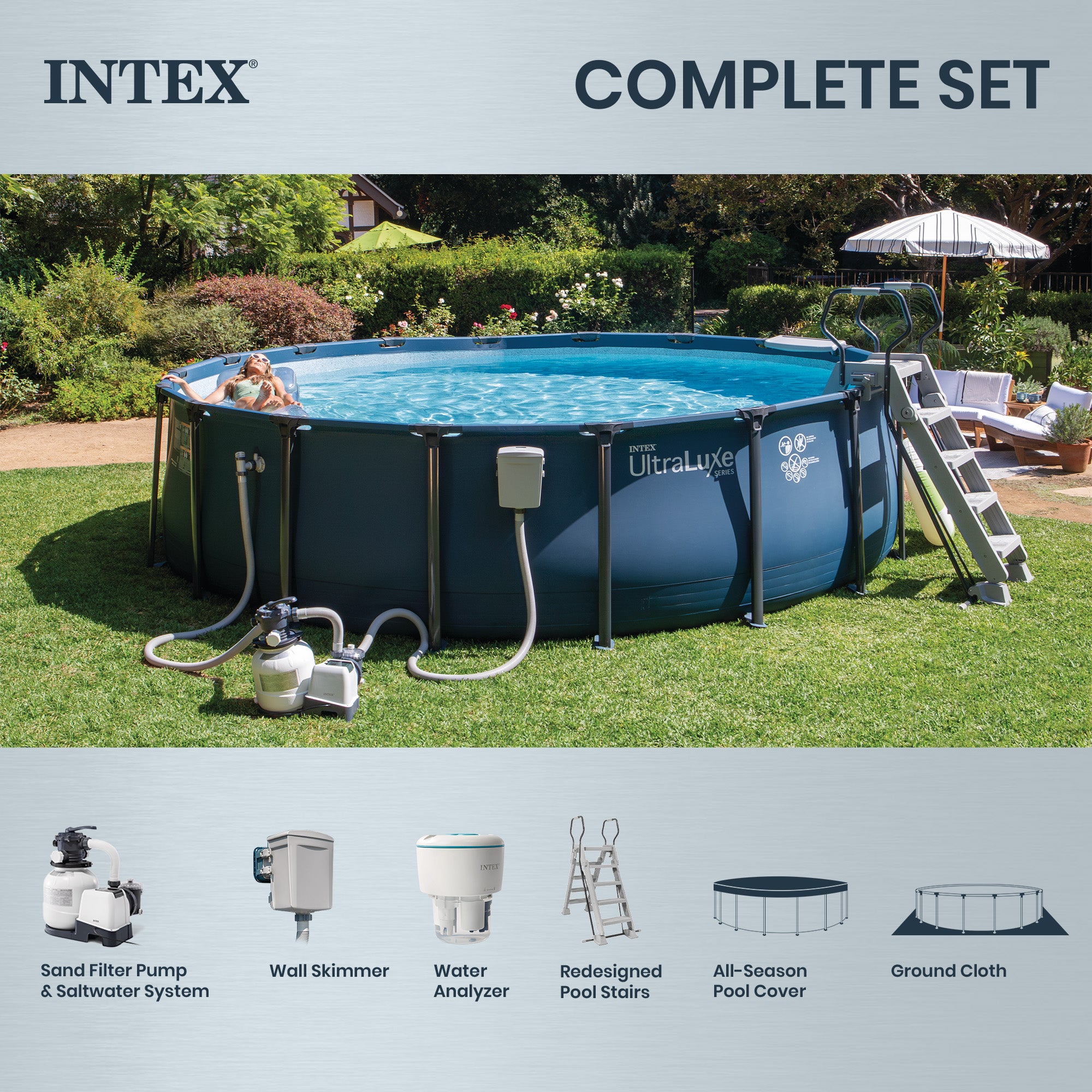 INTEX UltraLuxe 20ft x 52in Above Ground Pool, Sand Pump, & Saltwater System