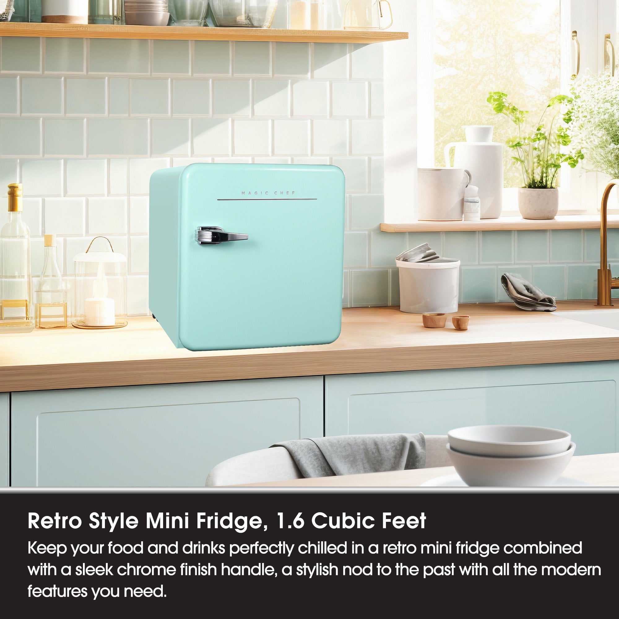 Magic Chef 1.6 Cubic Feet Retro Style Mini Fridge with Interior LED Light, Mint - VMInnovations